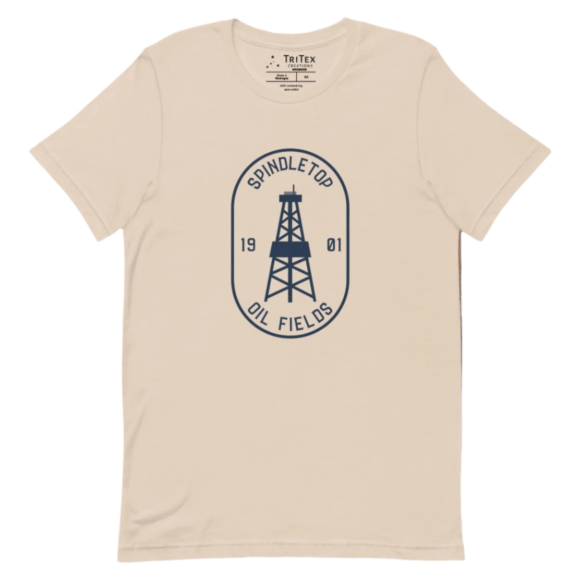 A soft cream t-shirt featuring an oil tower with the words "Spindletop oil fields 1901".