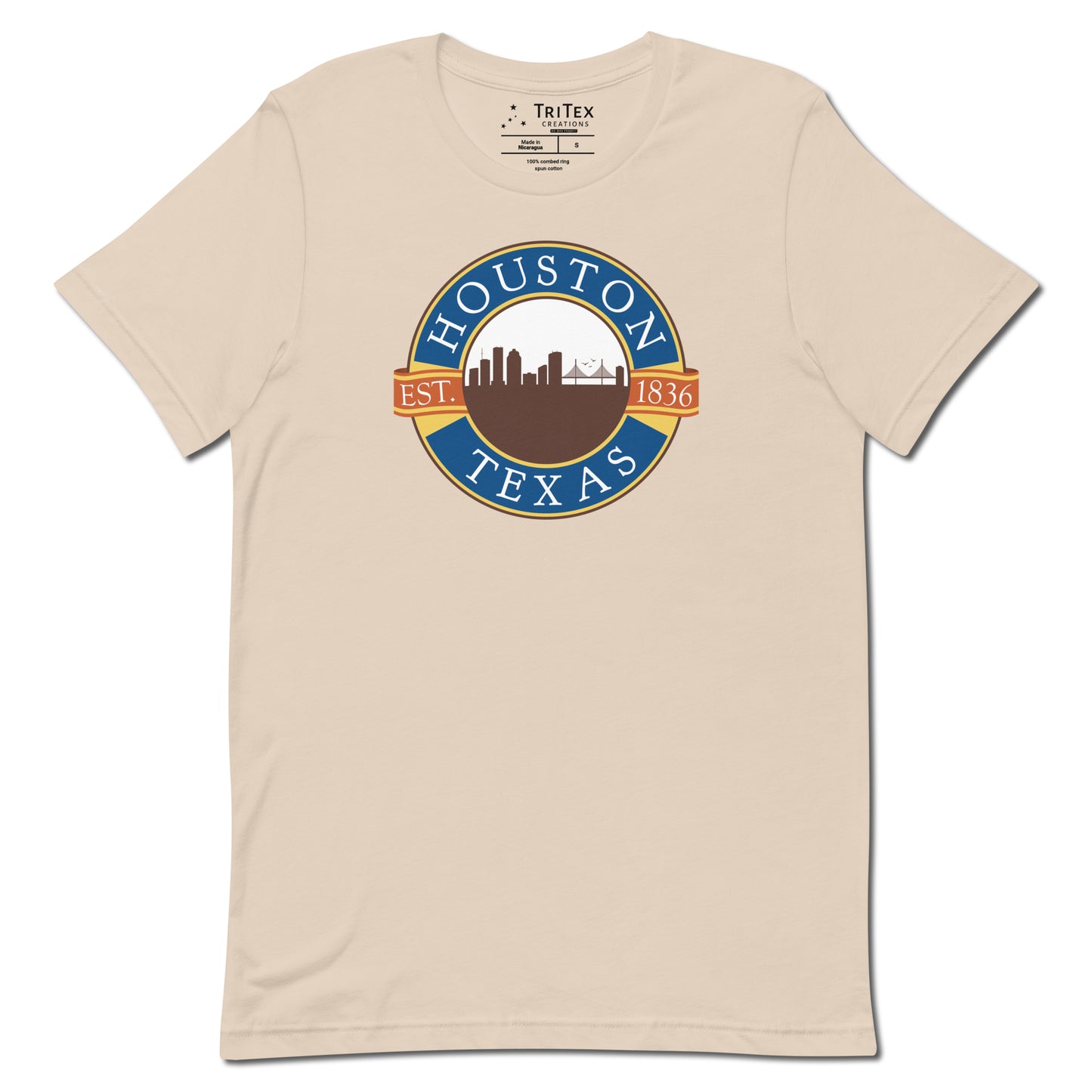 A soft cream t-shirt with the words "Houston Texas Est. 1836" in the style of the Blue Bell Ice Cream logo.