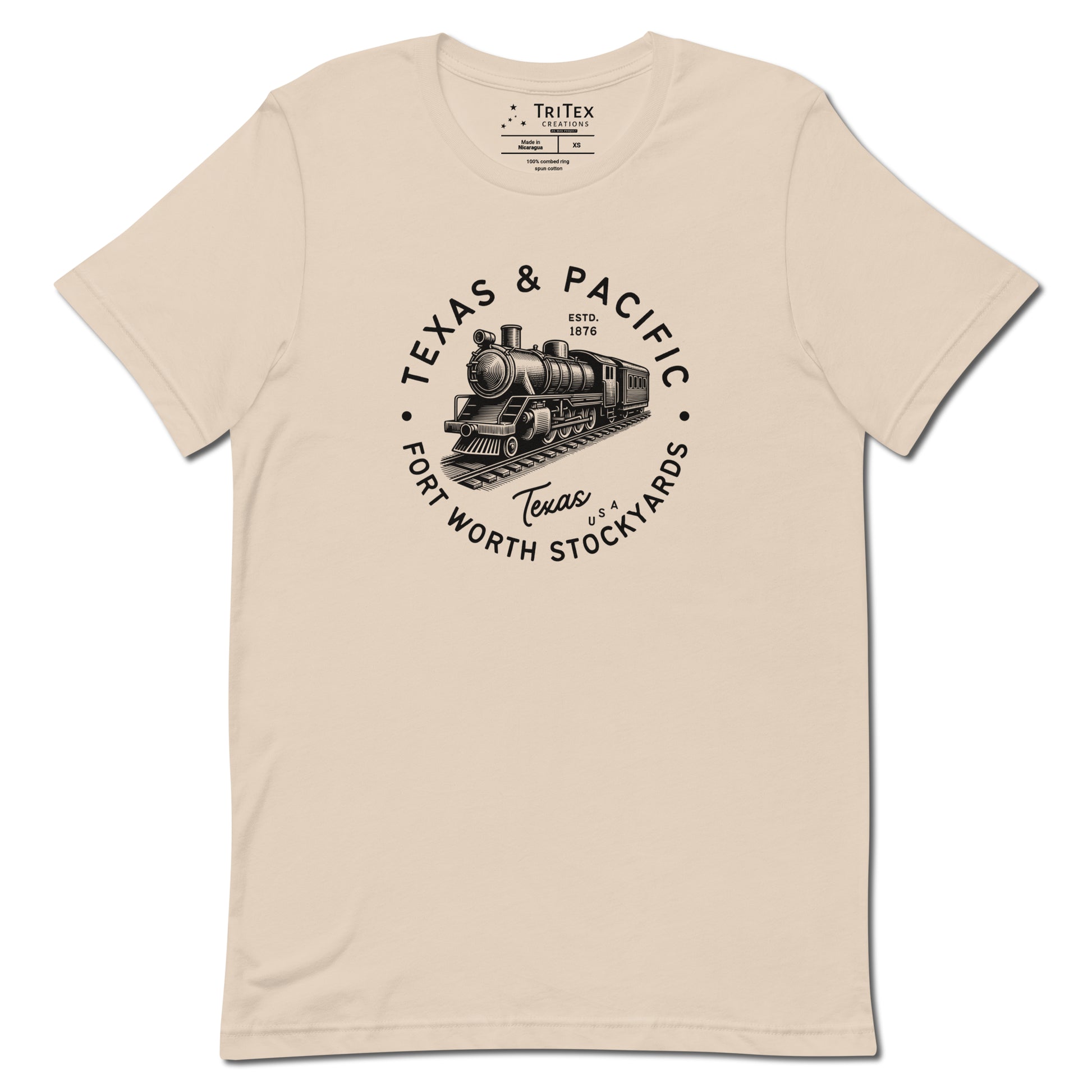 A soft cream t-shirt featuring a vintage illustration of a locomotive with the words "Texas & Pacific. Fort Worth Stockyards. Texas USA".