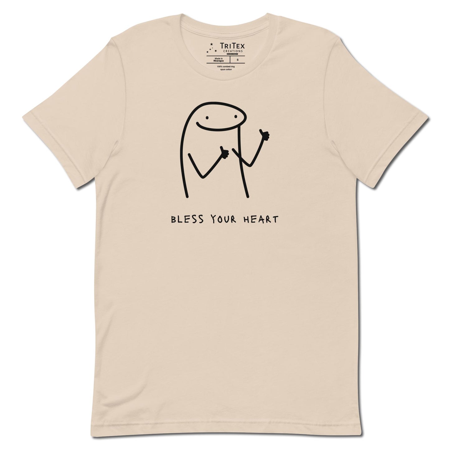 A soft cream t-shirt featuring a cartoon character giving thumbs up with the words "Bless Your Heart" underneath.