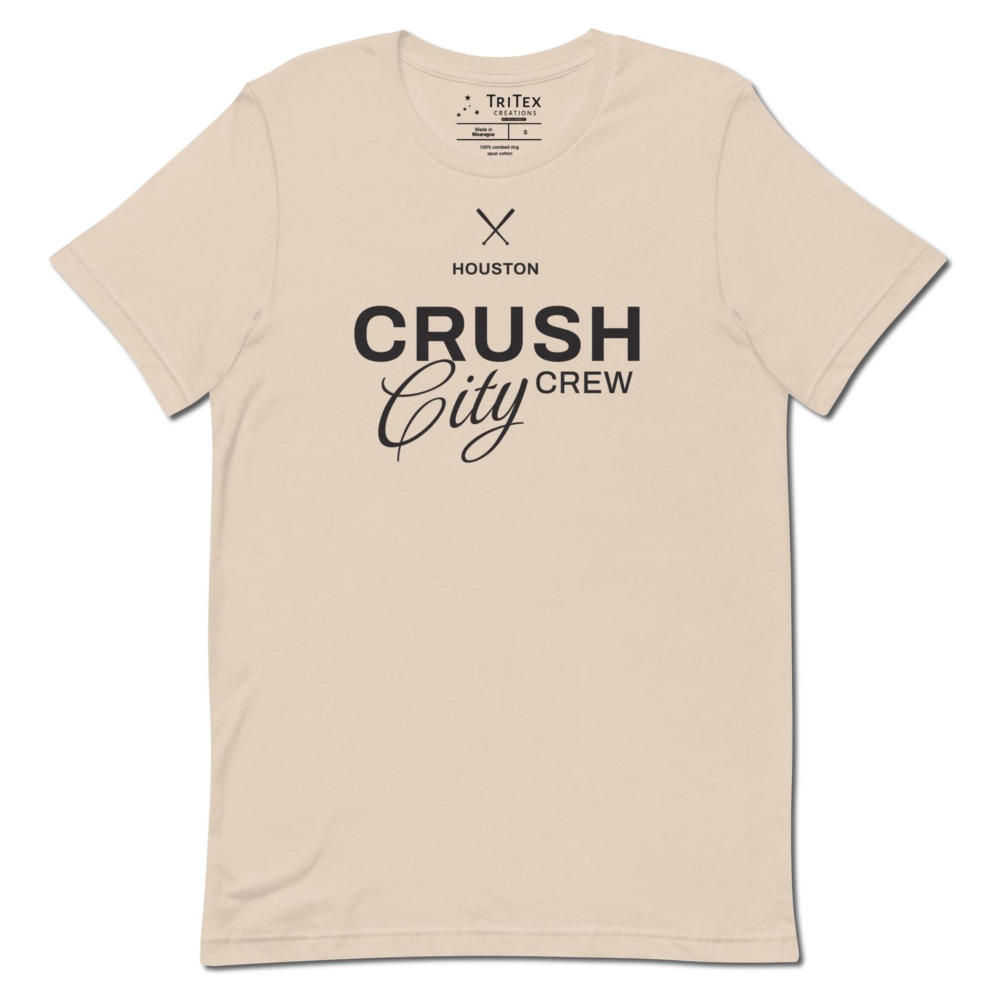 A soft cream t-shirt with the words "Houston Crush City Crew".