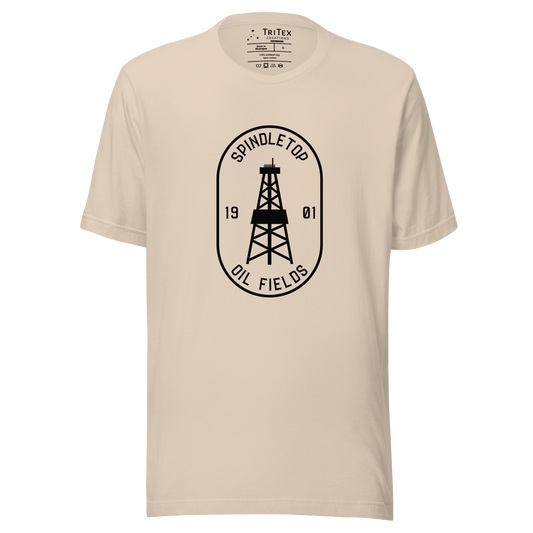 A soft cream t-shirt featuring an oil tower with the words "Spindletop oil fields 1901".