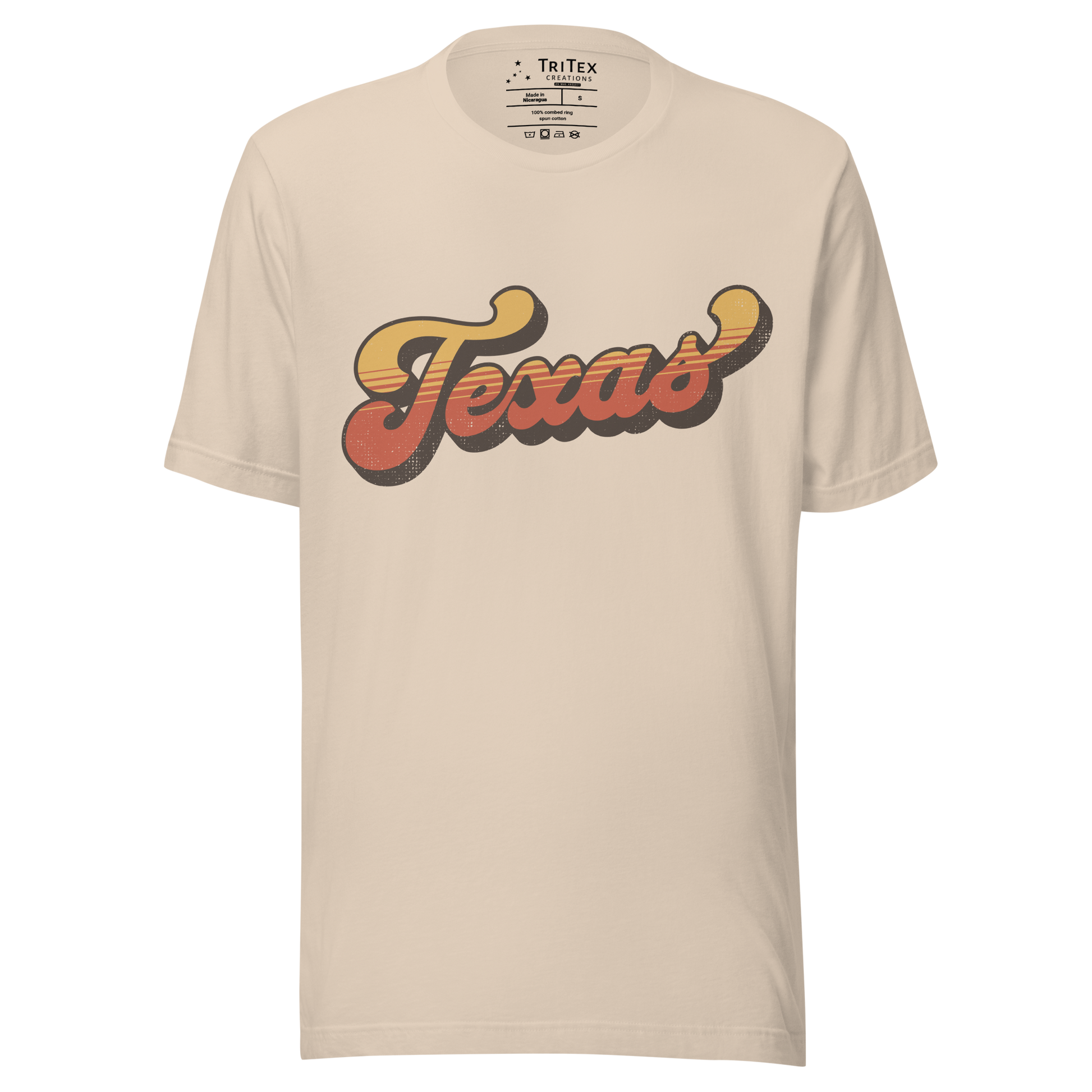 A soft cream t-shirt with a retro style Texas in a vintage font.