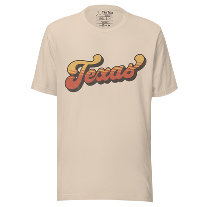 A soft cream t-shirt with a retro style Texas in a vintage font.