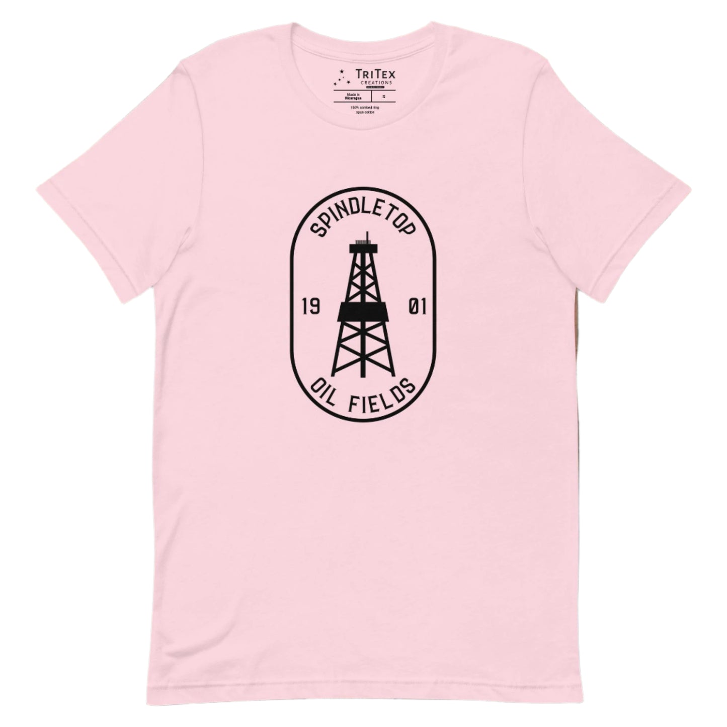 A soft pink t-shirt featuring an oil tower with the words "Spindletop oil fields 1901".