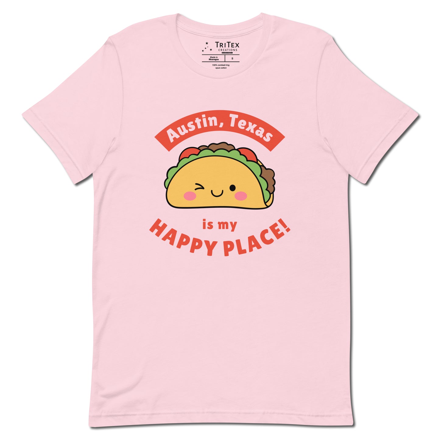 A soft pink t-shirt featuring a smiling, winking cartoon taco with the words "Austin, Texas is my happy place!".