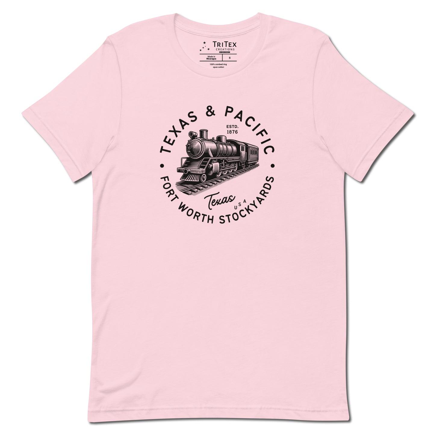 A soft pink t-shirt featuring a vintage illustration of a locomotive with the words "Texas & Pacific. Fort Worth Stockyards. Texas USA".