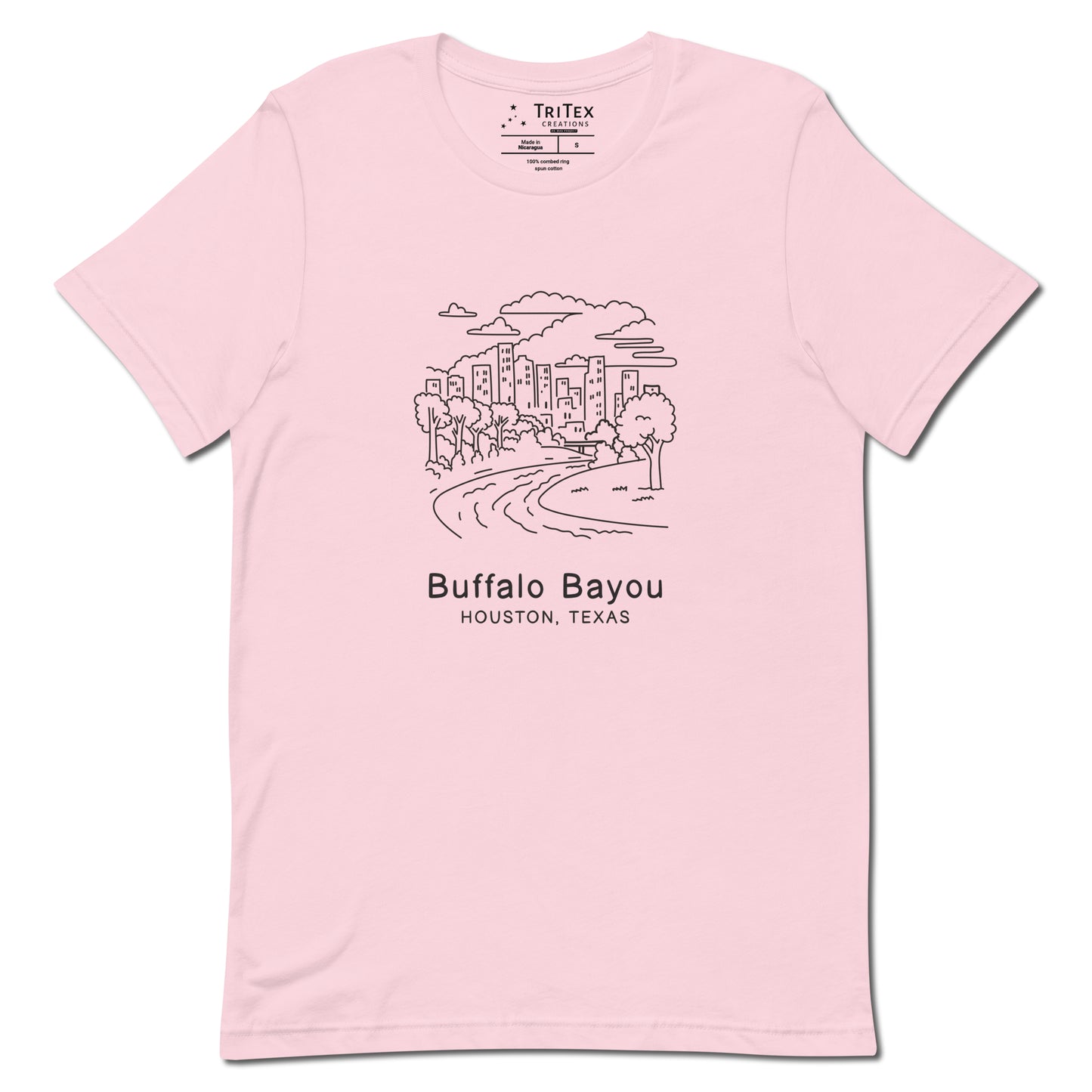 A soft pink t-shirt featuring an sketch of a Buffalo Bayou Park with the words "Buffalo Bayou Houston, Texas" underneath.