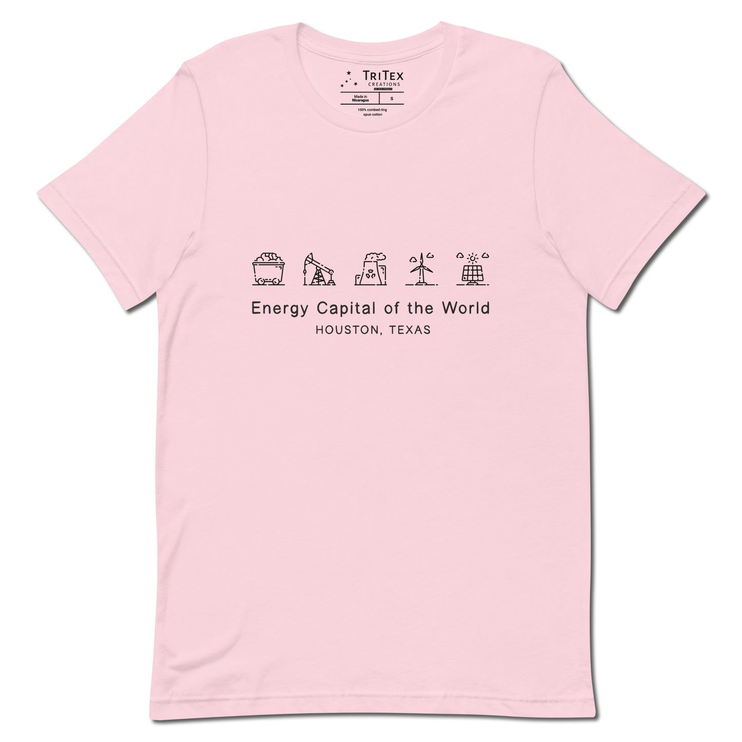 A soft pink shirt with illustrations of different energy production methods with text reading "Energy Capital of the World Houston, Texas"