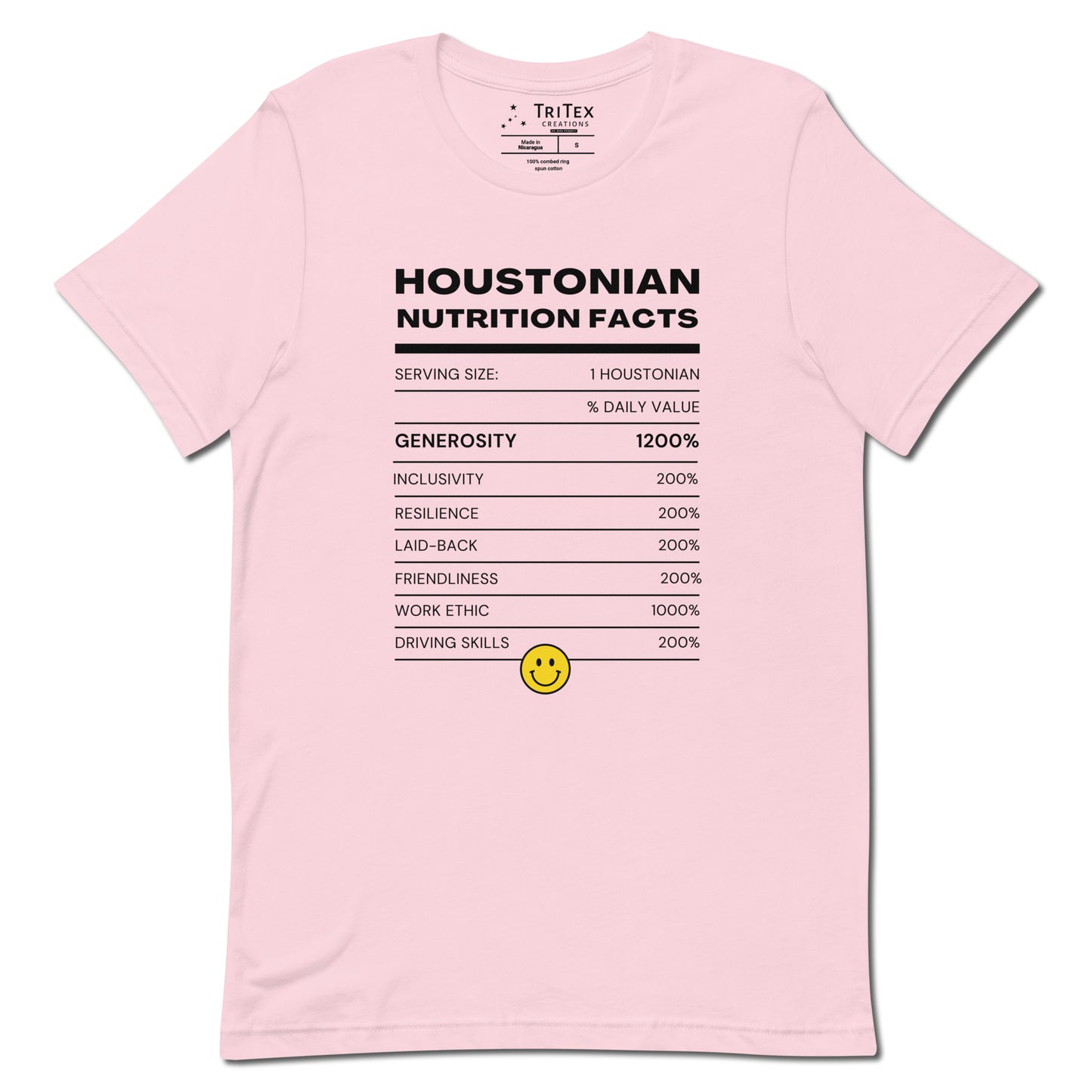 A soft pink t-shirt with a list of descriptive characteristics of someone that lives in Houston.