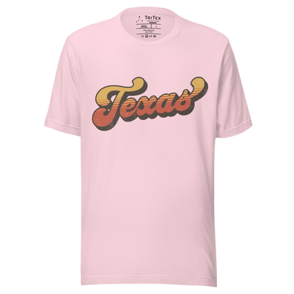 A soft pink t-shirt with a retro style Texas in a vintage font.