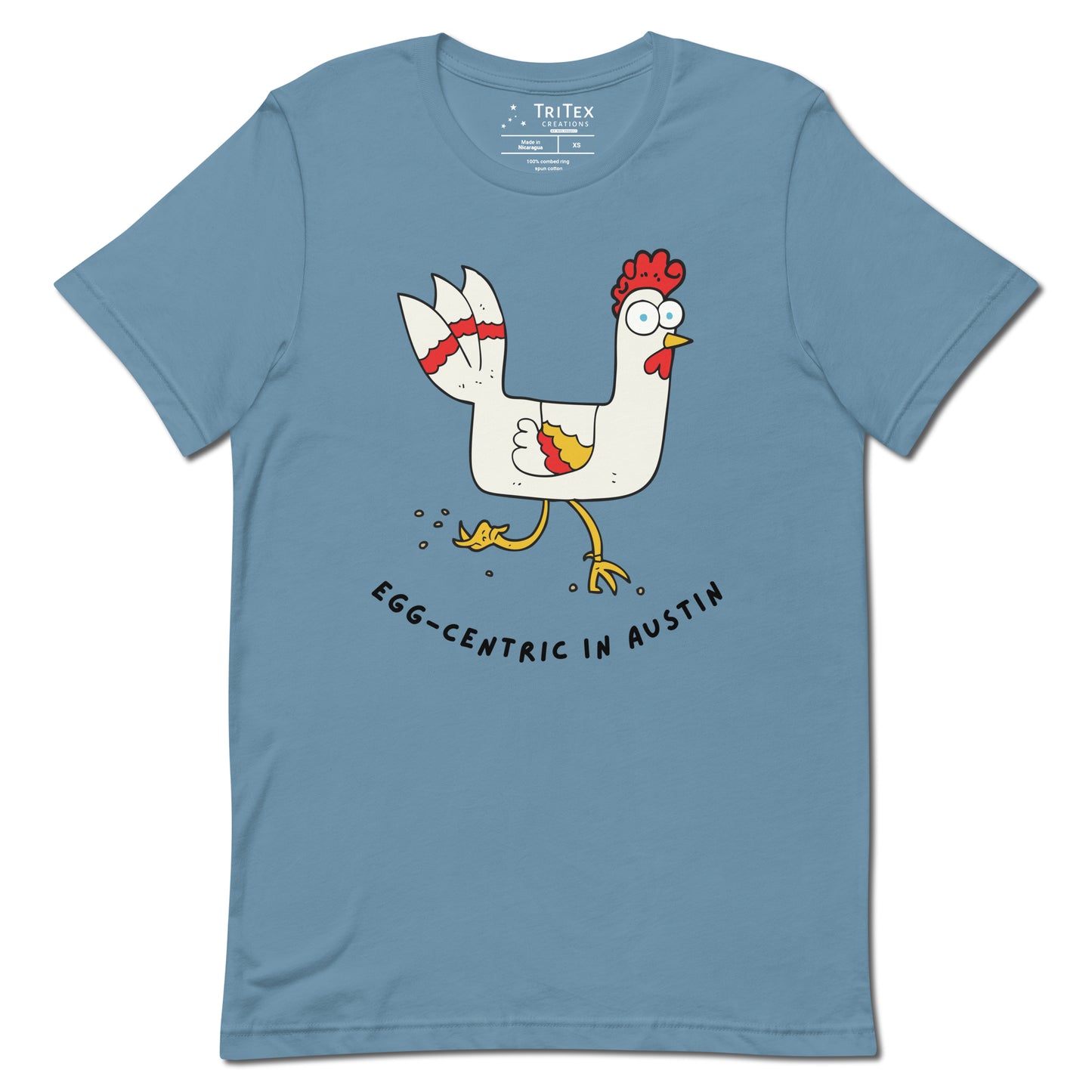 A steel blue shirt featuring a strange looking rooster with text reading "Egg-Centric in Austin".