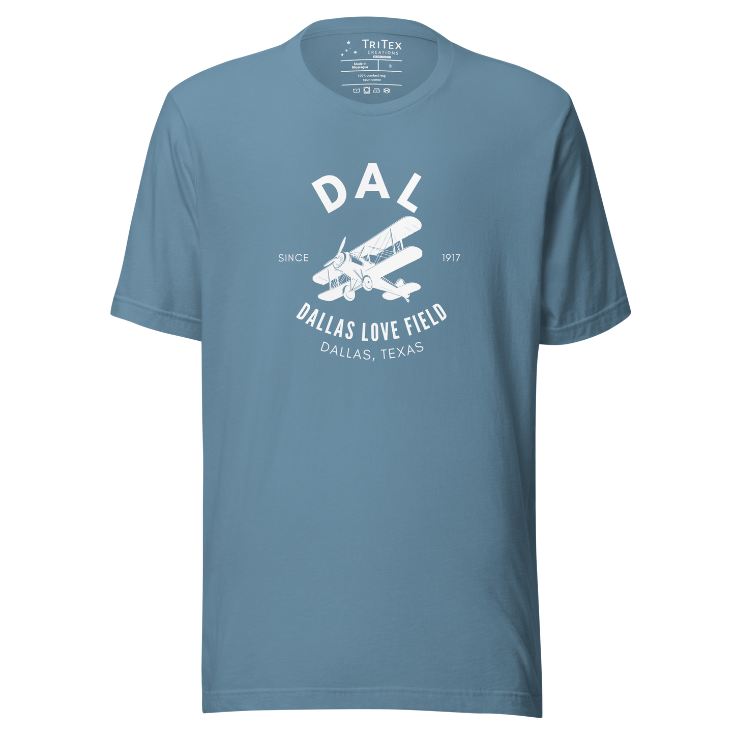 A steel blue t-shirt with a silhouette of a biplane with the text "DAL Since 1917 Dallas Love Field. Dallas, Texas".