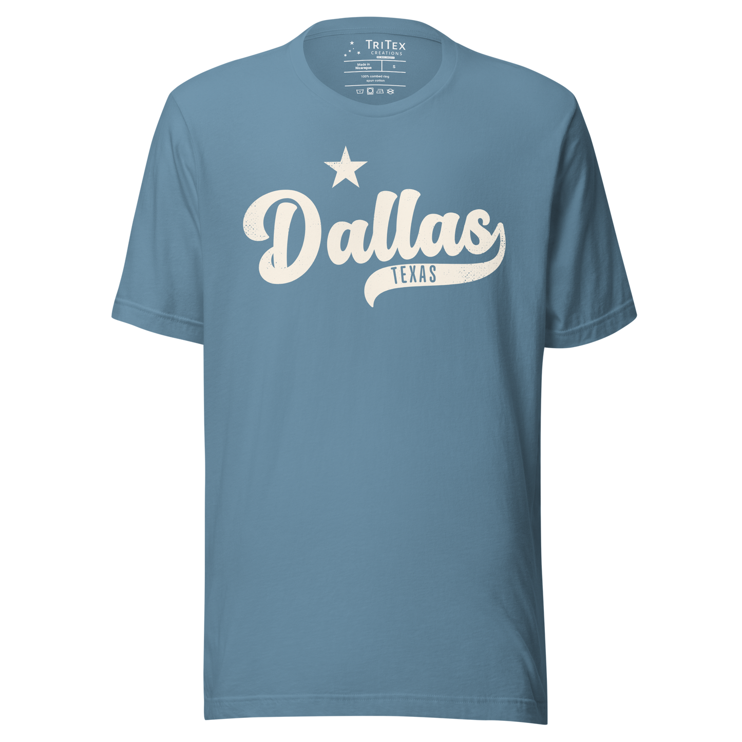 A steel blue vintage-style t-shirt featuring a star with the words "Dallas TEXAS".