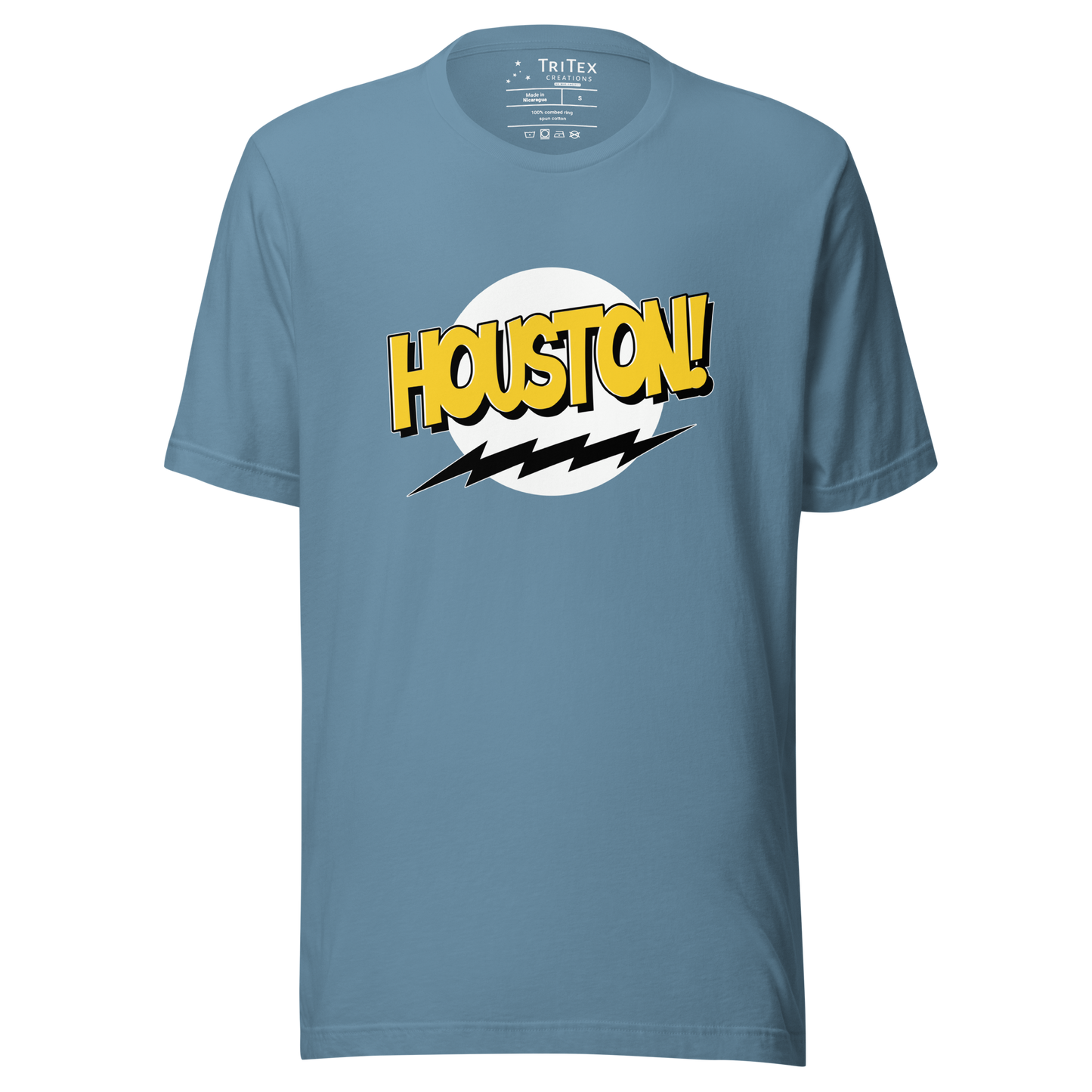 A steel blue t-shirt with the words "Houston!" in the style of a Sheldon Cooper Bazinga-shirt.