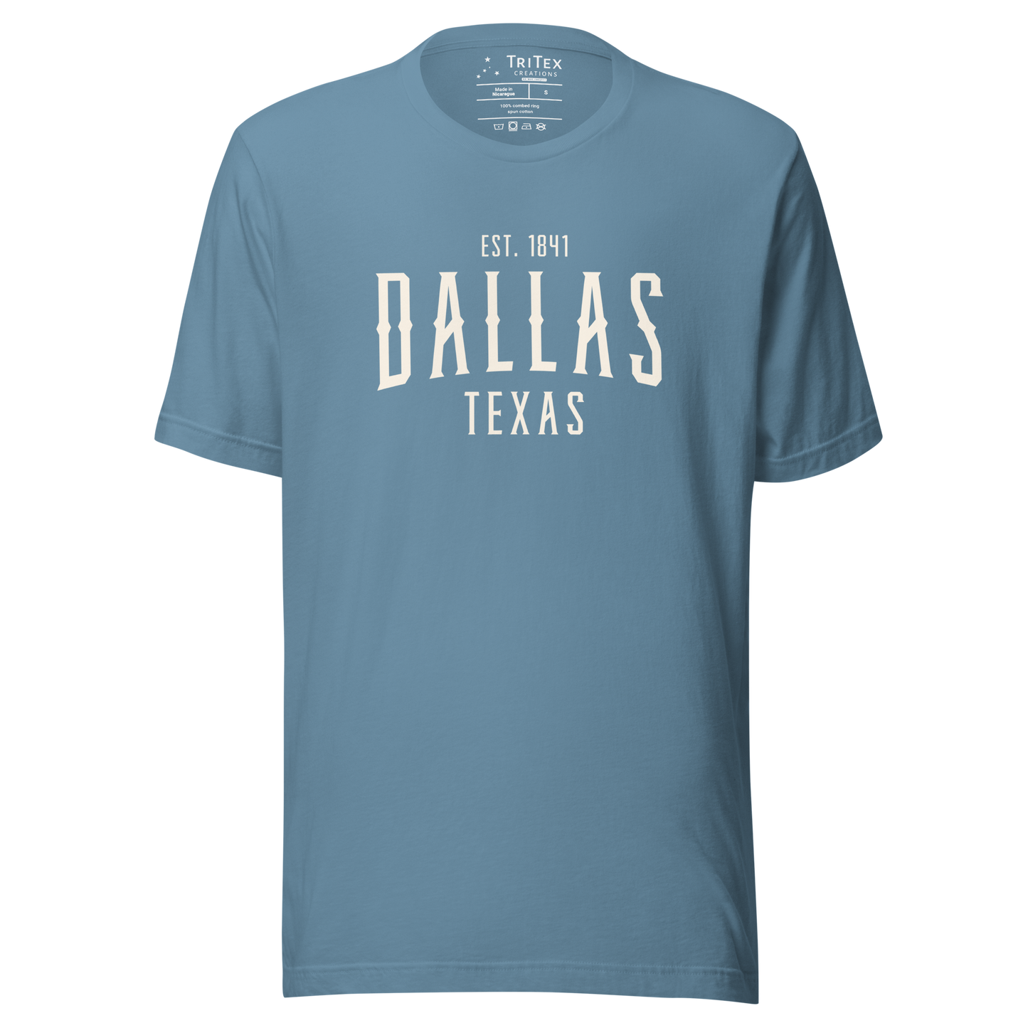 A steel blue t-shirt with the words "Dallas Texas Est. 1841".
