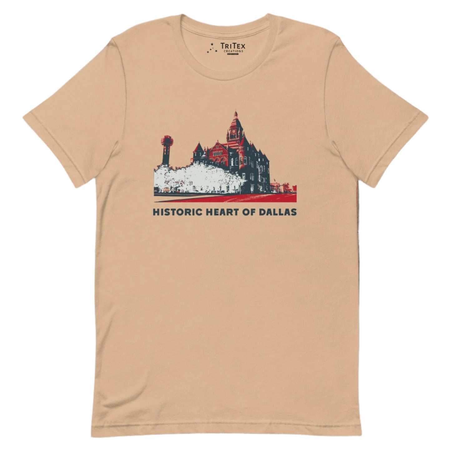 A tan t-shirt picturing the county courthouse and Reunion Tower in Dallas with the text "Historic heart of Dallas".