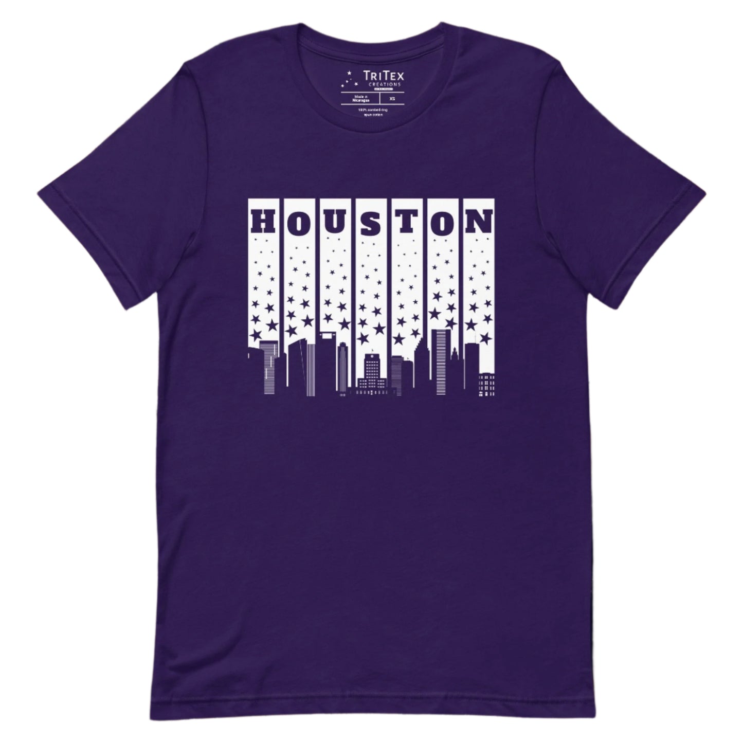 A team purple t-shirt with a silhouette of the Houston Skyline with some stars and the words "Houston" above.