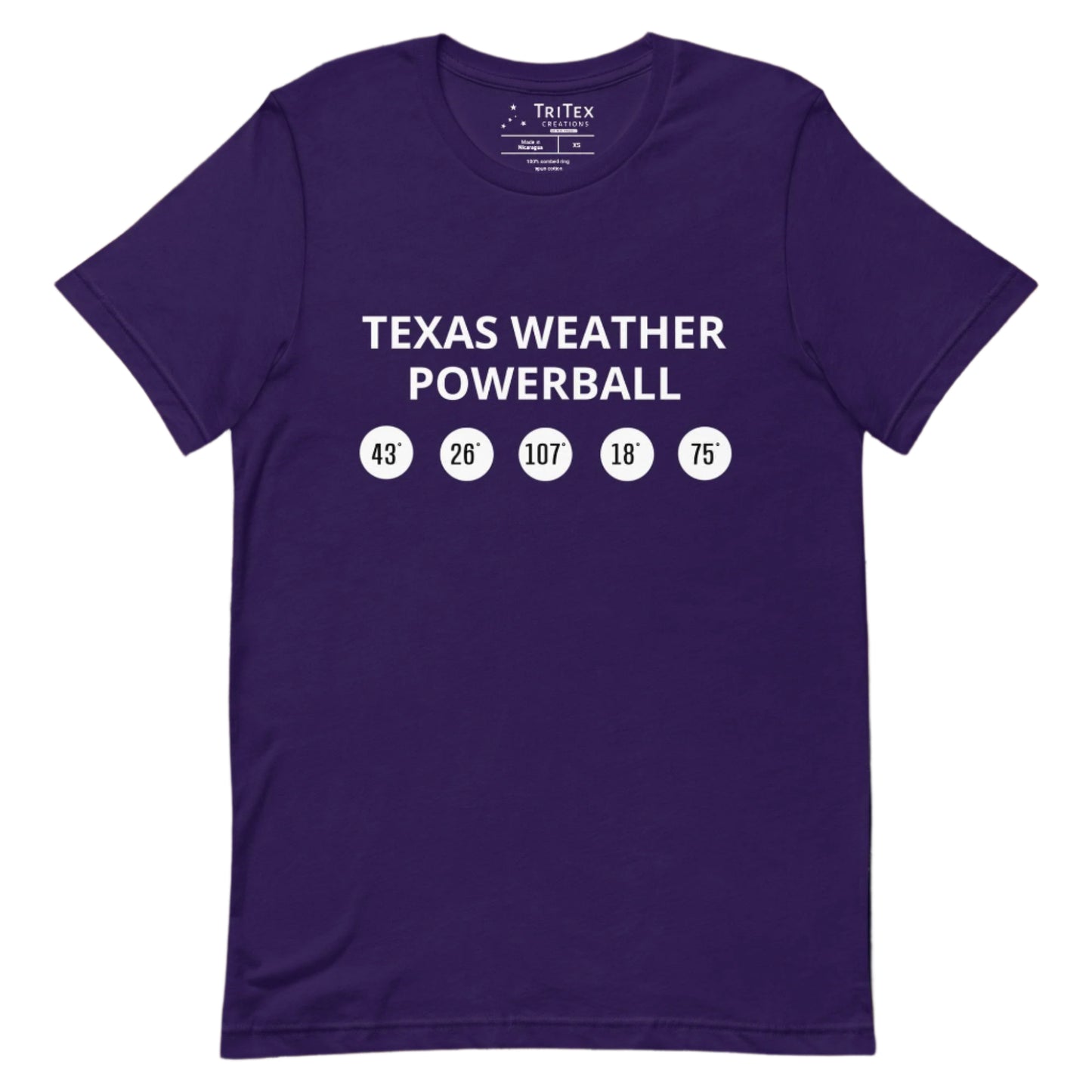 A purple t-shirt featuring circles with powerball numbers meant to represent temperatures with the words "Texas Weather Powerball".