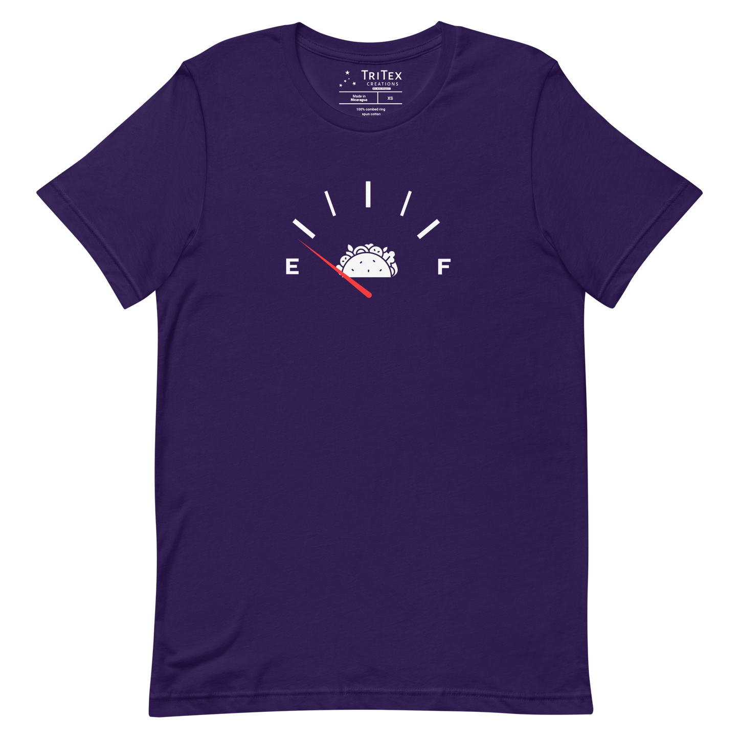 A team purple t-shirt featuring a graphic image of a fuel gauge running on empty with a picture of a taco.