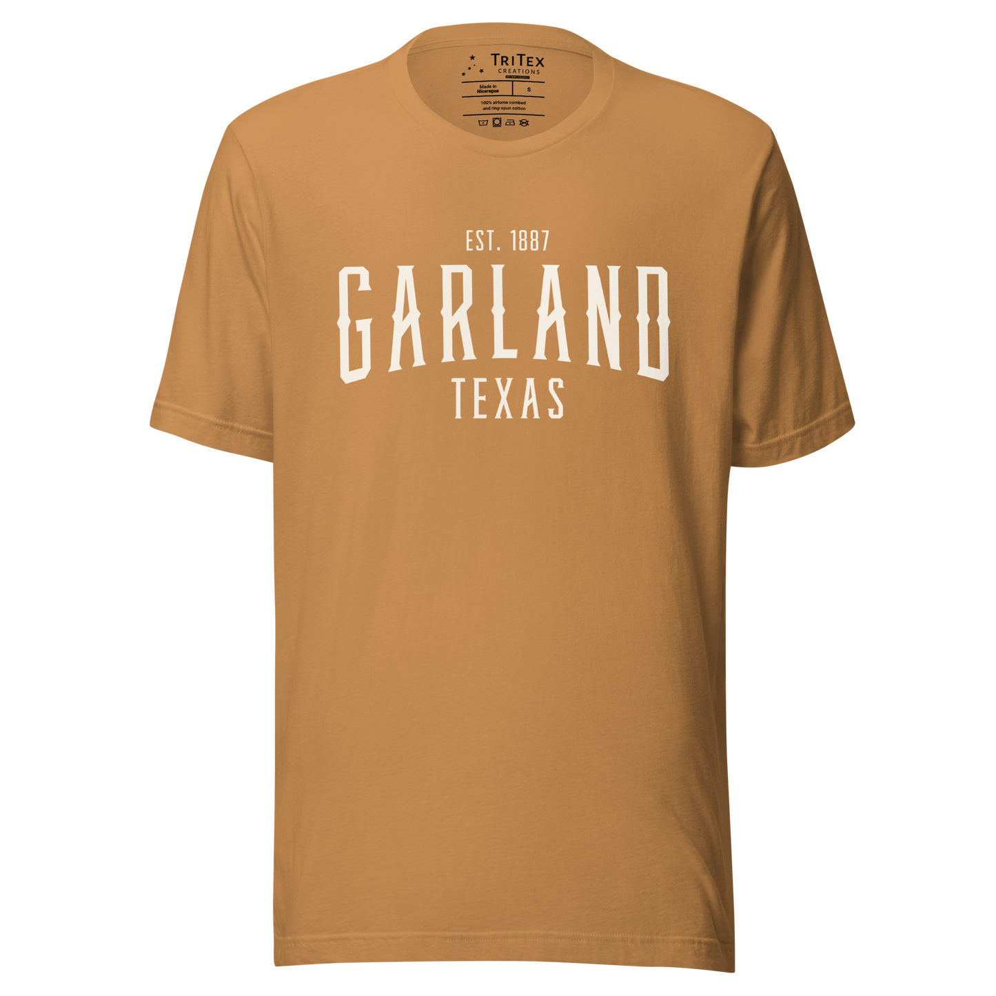 A toast-colored t-shirt with the words "Garland Texas Est. 1887".