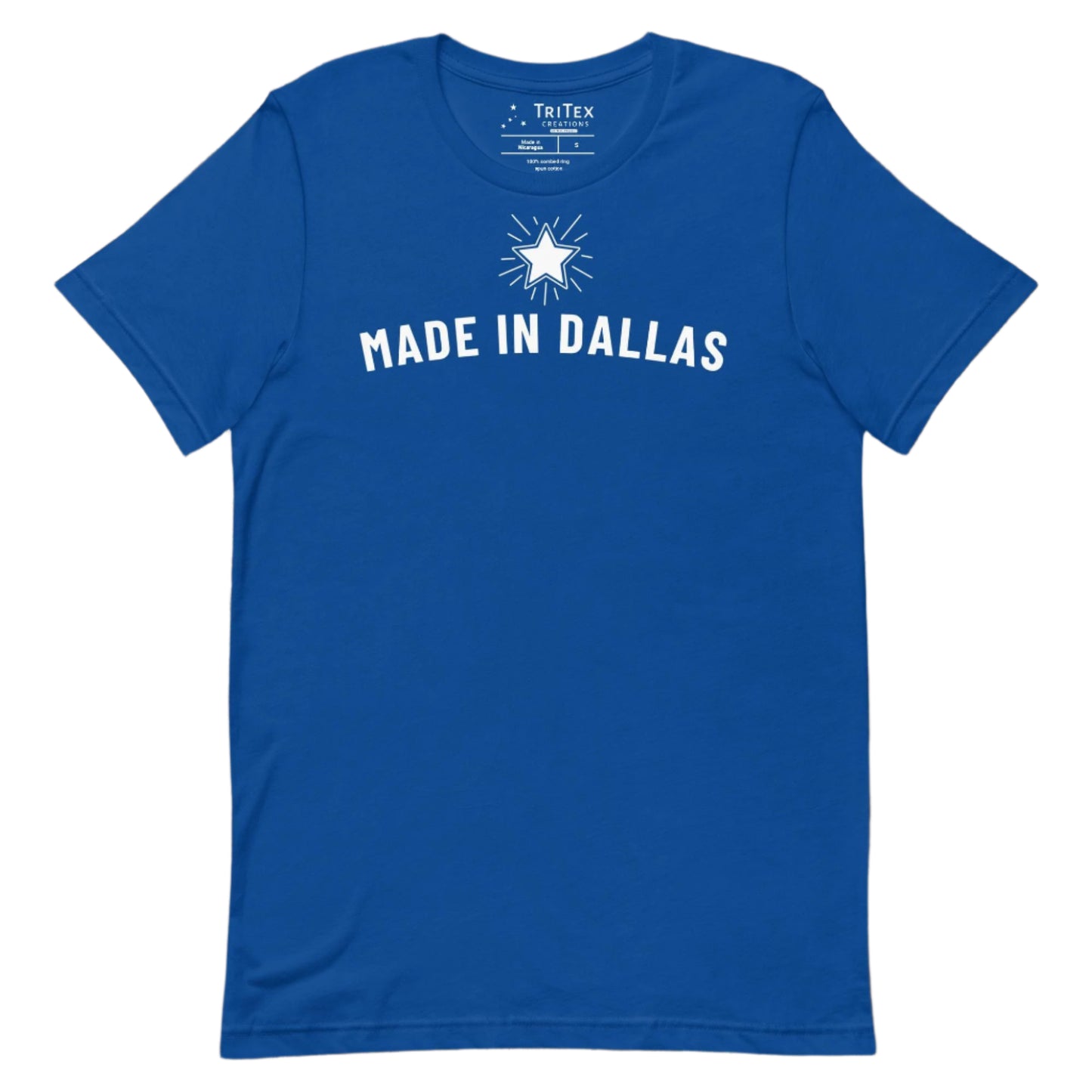 A true royal t-shirt with a 5-pointed star and the text "Made in Dallas".