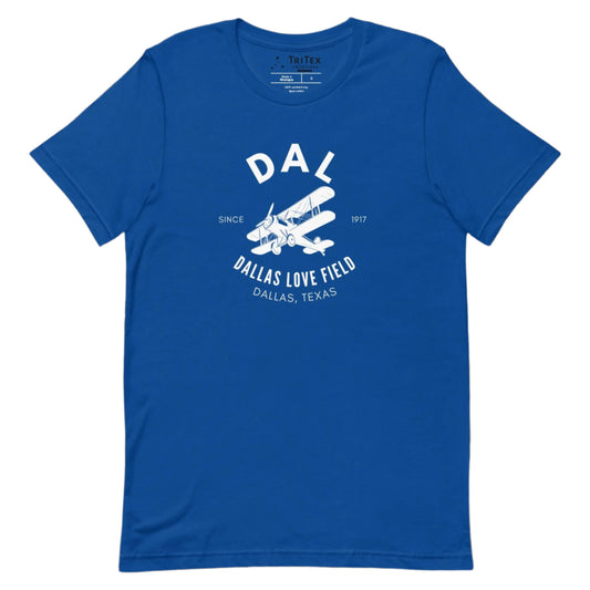 A true royal t-shirt featuring a silhouette of a biplane with the text "DAL Since 1917 Dallas Love Field Dallas, Texas".