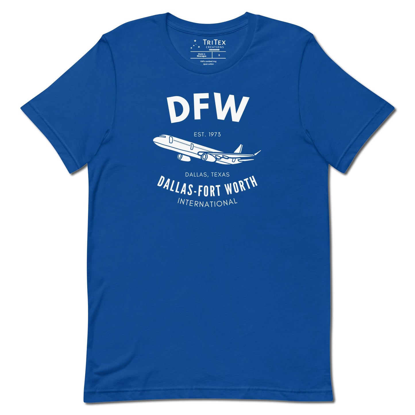 A true royal t-shirt featuring a silhouette of a passenger plane with the text "DFW. Est. 1973. Dallas, Texas. Dallas-Fort Worth International".