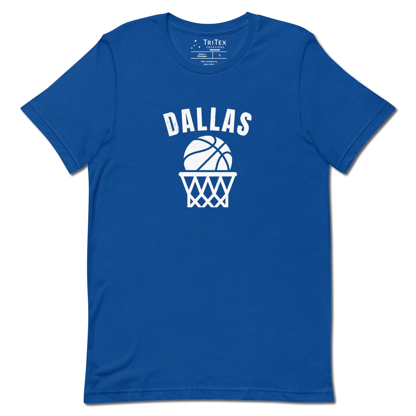 A true royal t-shirt featuring a basketball and net with the words "Dallas".