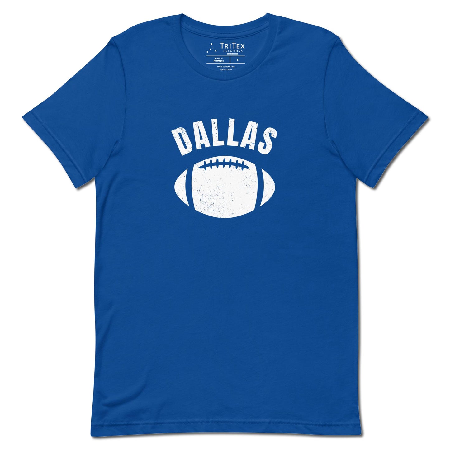 A true royal blue t-shirt featuring the silhouette of a football and the words "Dallas".