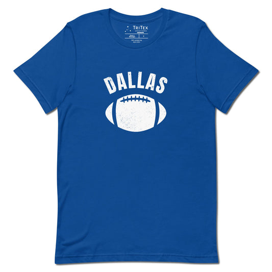 A true royal blue t-shirt featuring the silhouette of a football and the words "Dallas".