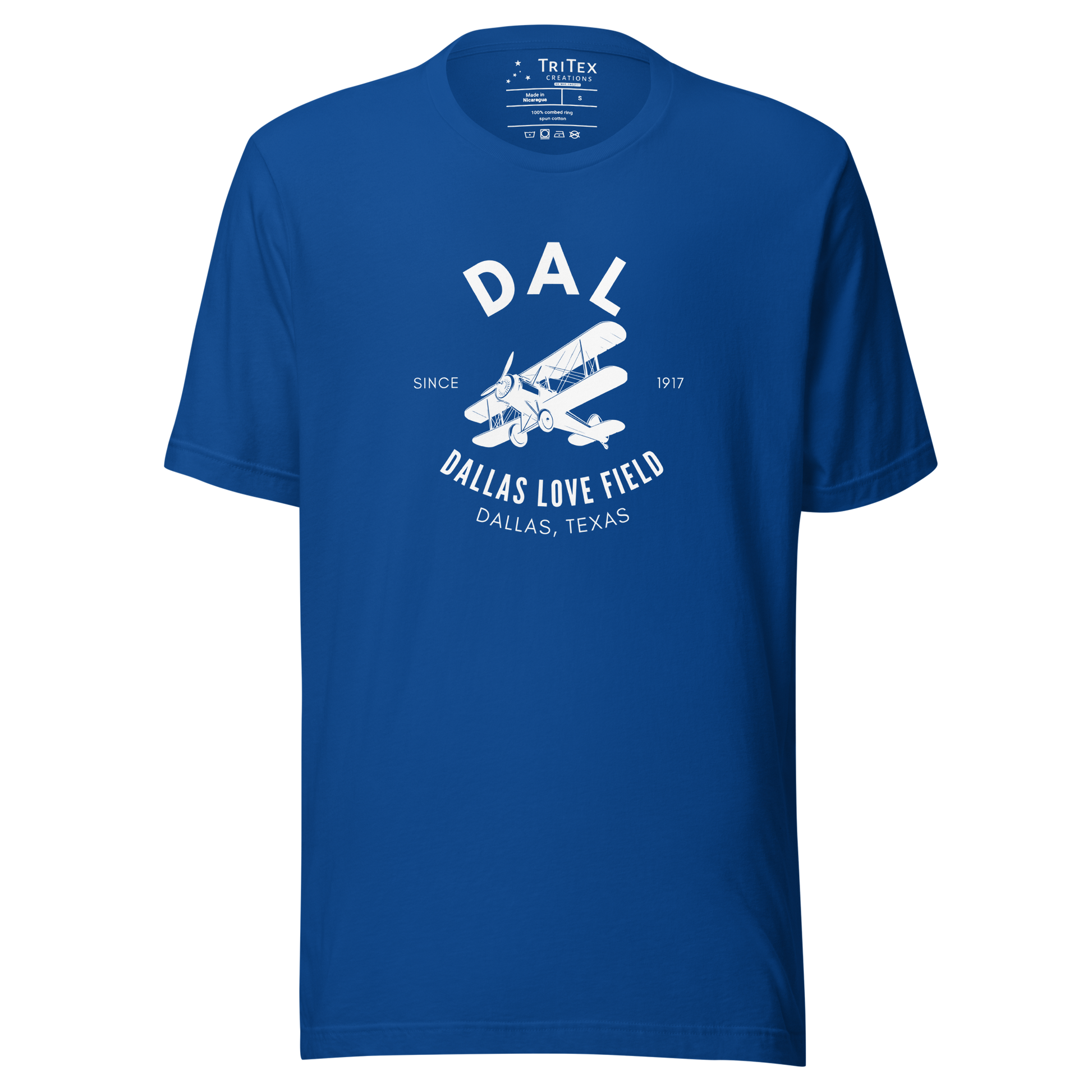 A true royal blue t-shirt with a silhouette of a biplane with the text "DAL Since 1917 Dallas Love Field. Dallas, Texas".