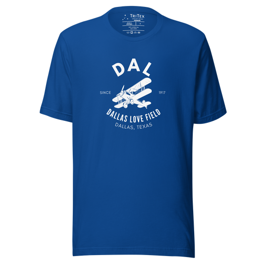 A true royal blue t-shirt with a silhouette of a biplane with the text "DAL Since 1917 Dallas Love Field. Dallas, Texas".
