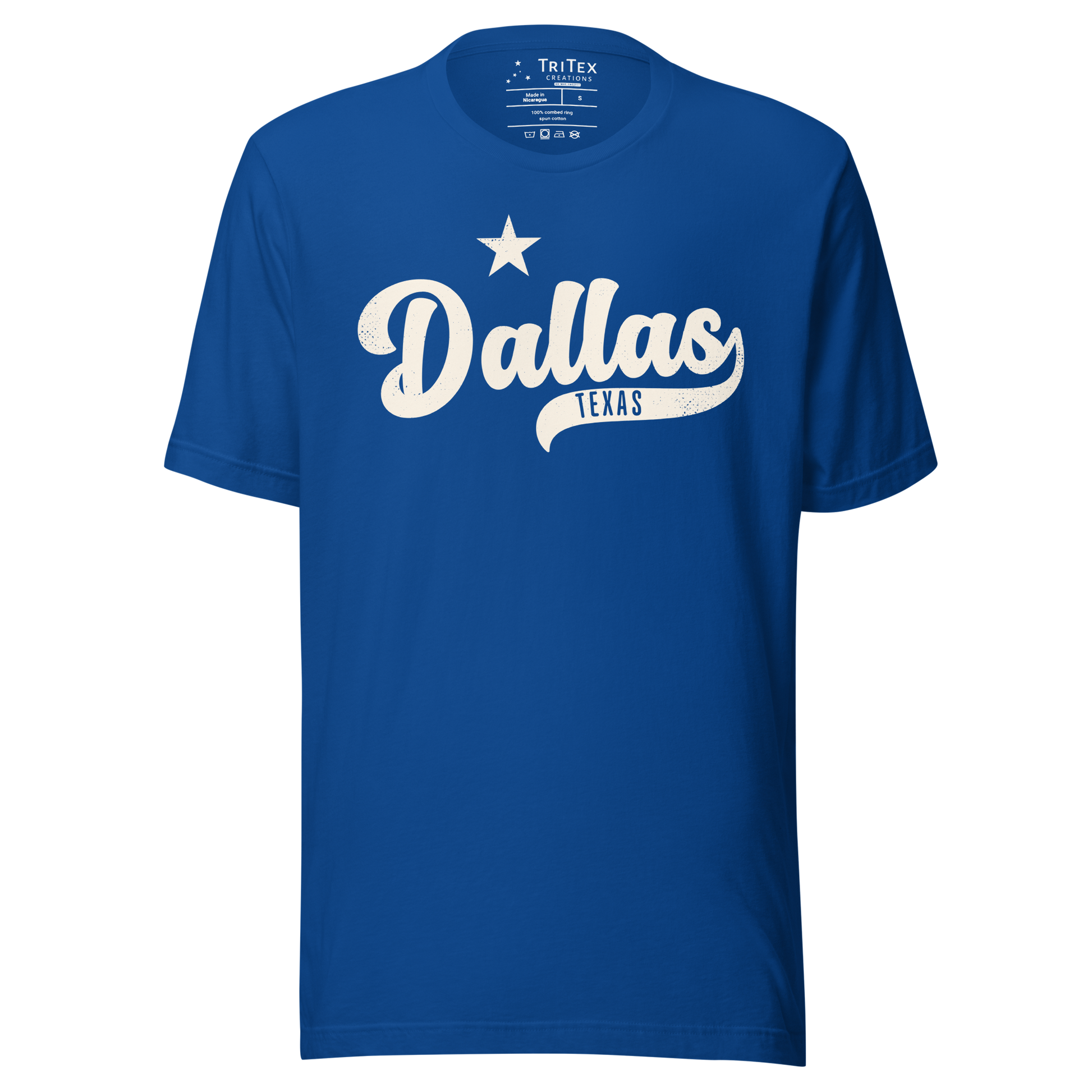 A true royal blue vintage-style t-shirt featuring a star with the words "Dallas TEXAS".