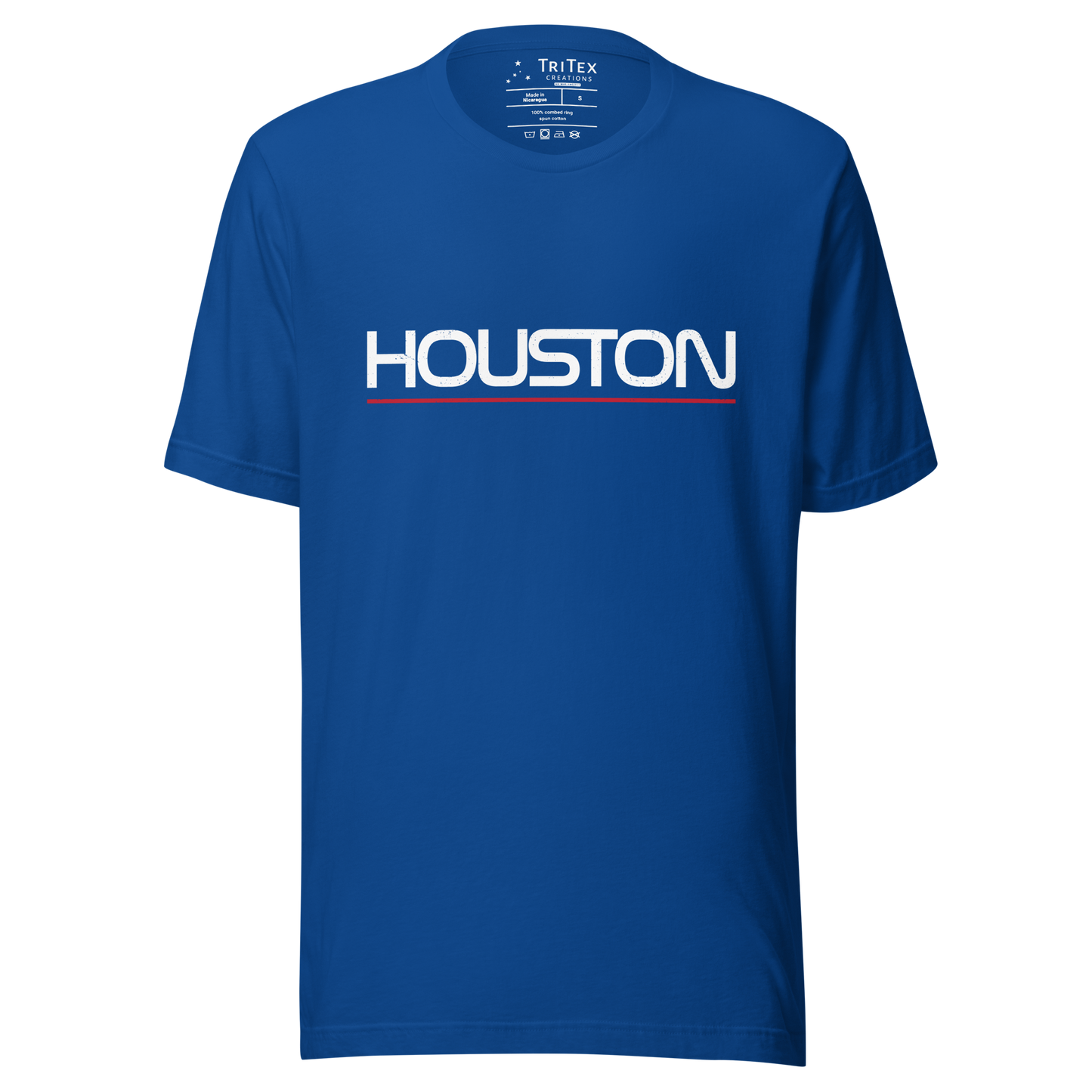 A true royal blue t-shirt with the name of "Houston" in a NASA-style font.