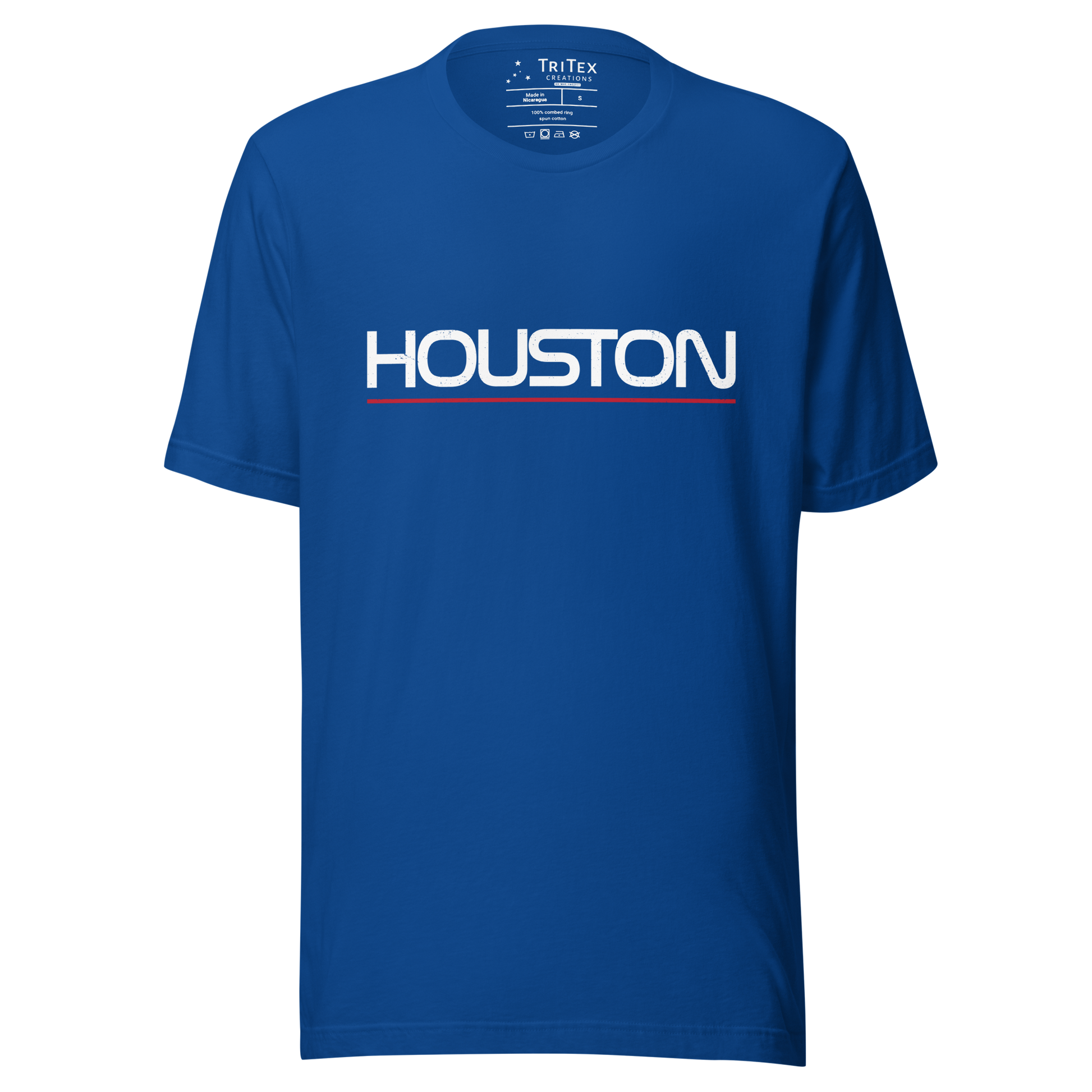 A true royal blue t-shirt with the name of "Houston" in a NASA-style font.