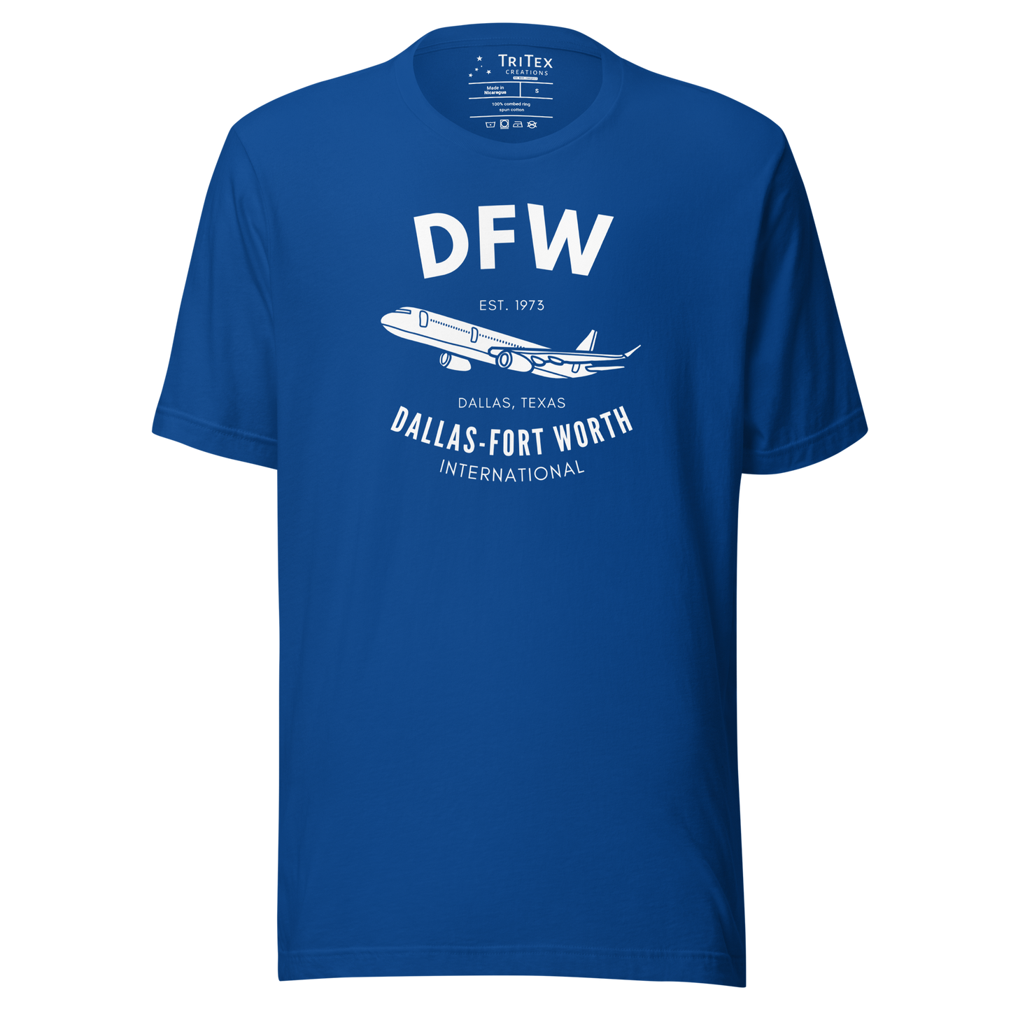 A true royal blue t-shirt featuring a passenger plane and the text "DFW Est. 1973 Dallas, Texas. Dallas-Fort Worth International".