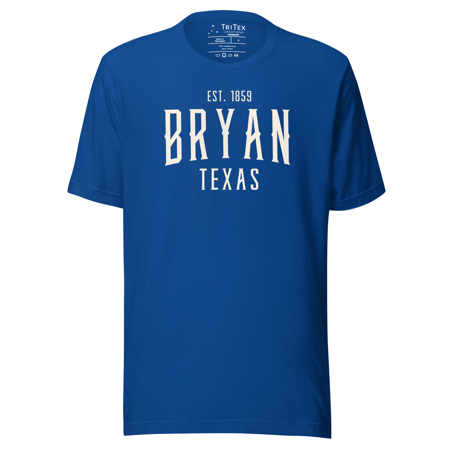 A true royal blue t-shirt with the words "Bryan Texas Est. 1859".