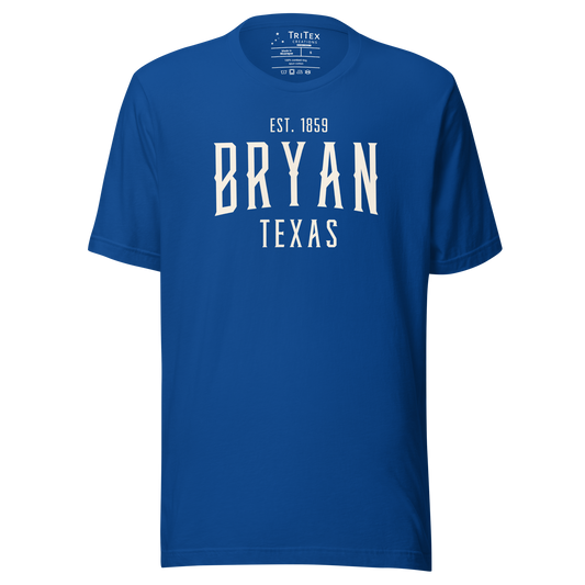 A true royal blue t-shirt with the words "Bryan Texas Est. 1859".