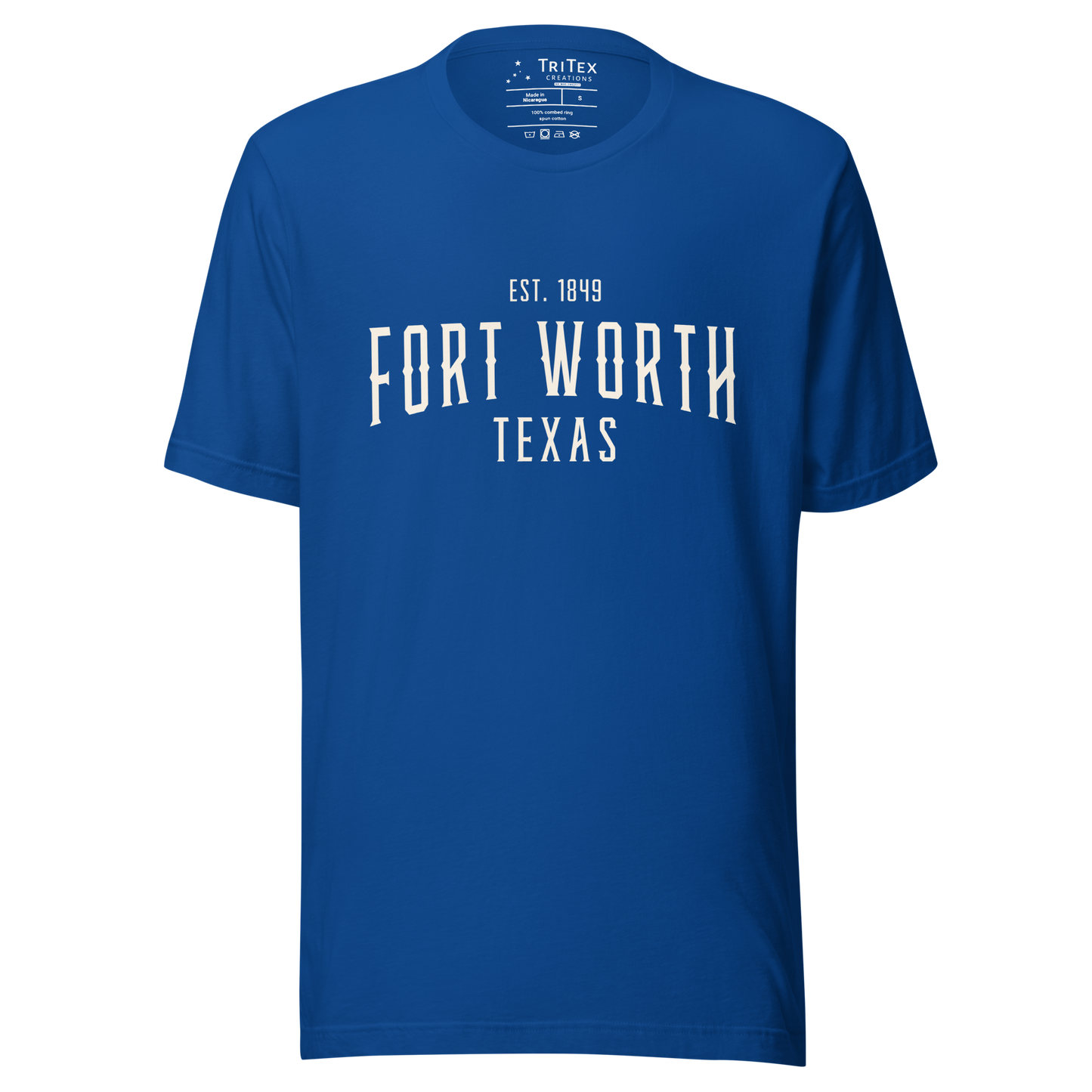 A true royal blue t-shirt with the words "Fort Worth Texas Est. 1849".