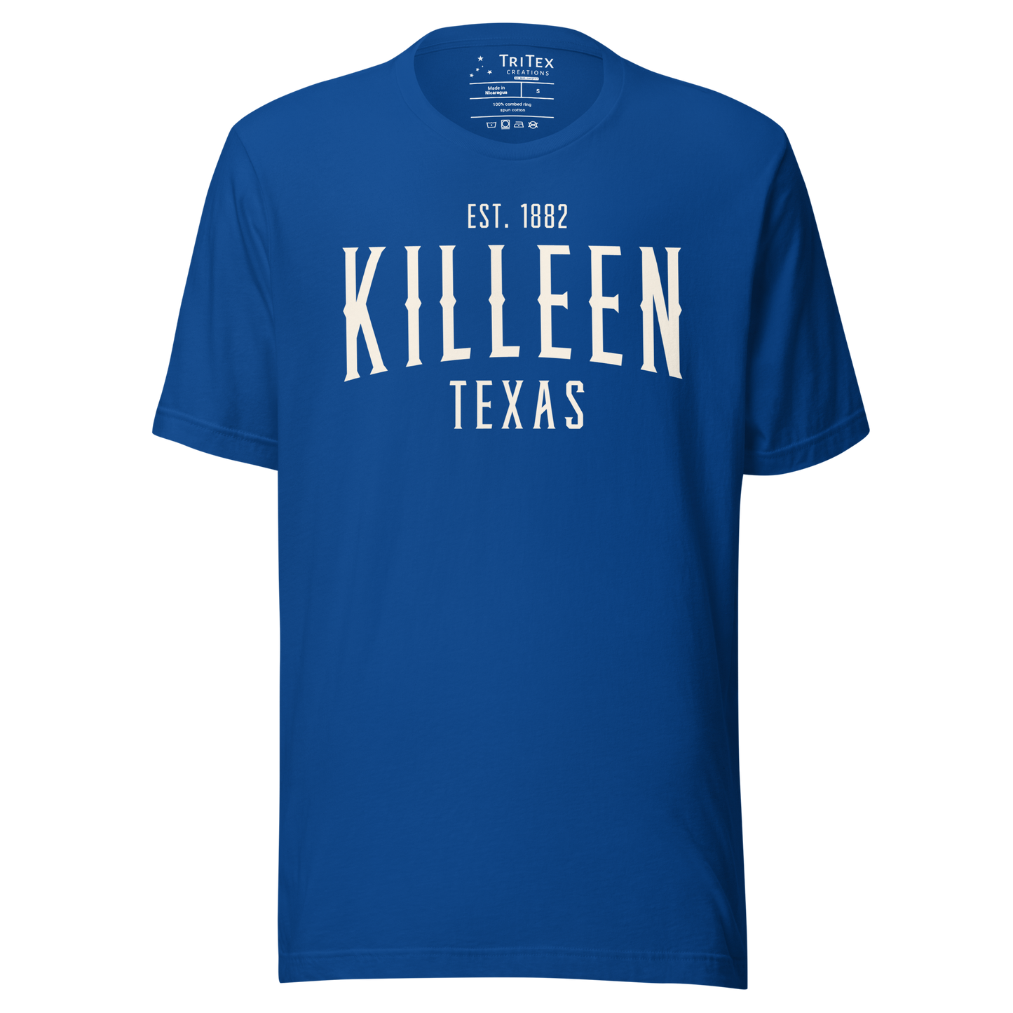 A true royal blue t-shirt with the words "Killeen Texas Est. 1882".