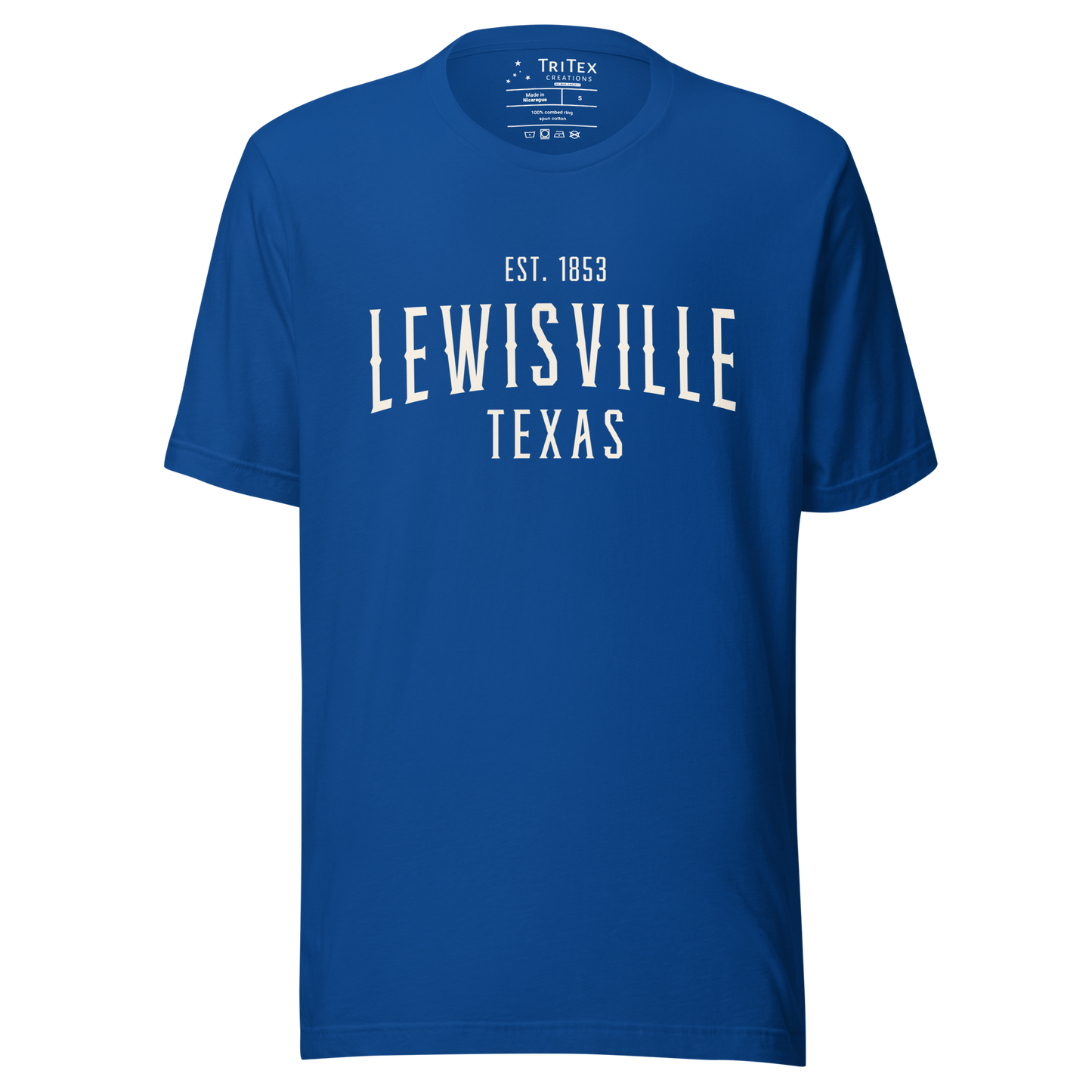 A true royal blue t-shirt with the words "Lewisville Texas Est. 1853".