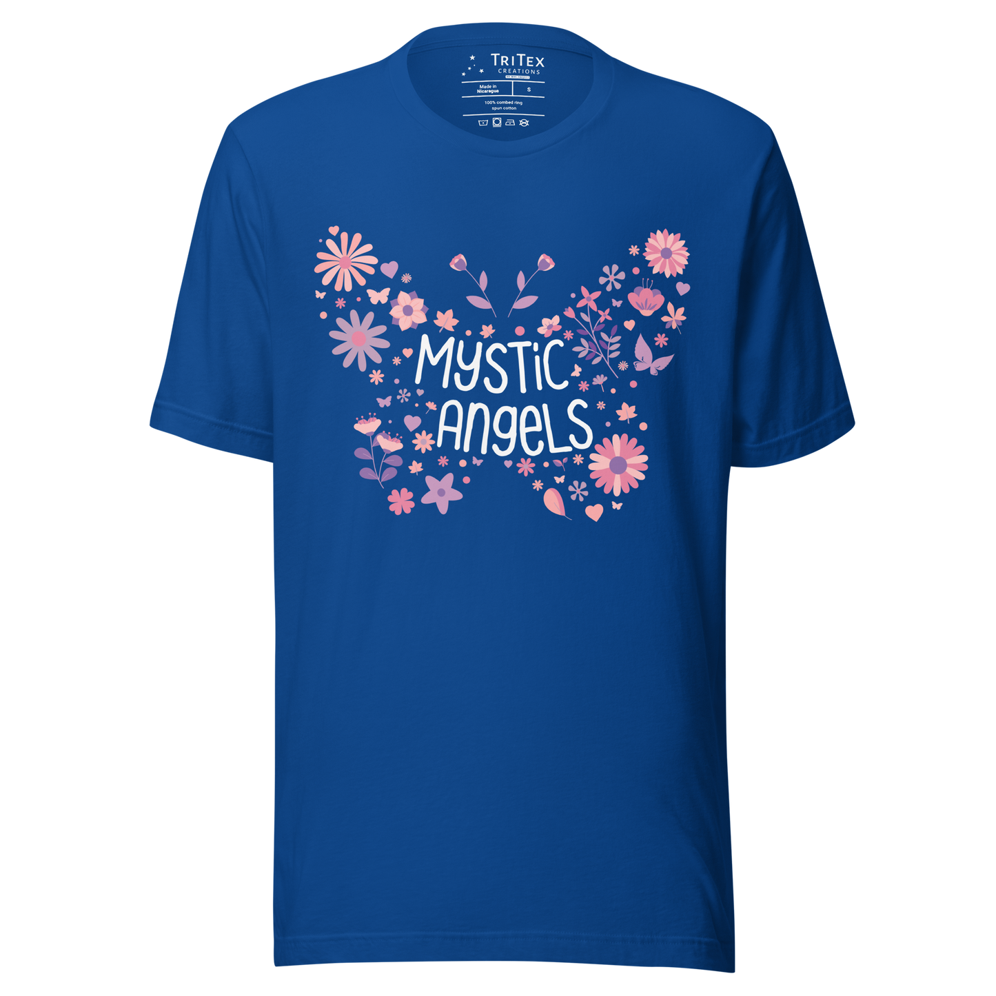 A true royal blue t-shirt with the words "Mystic Angels" surrounded by leaves and flowers in the shape of a butterfly.