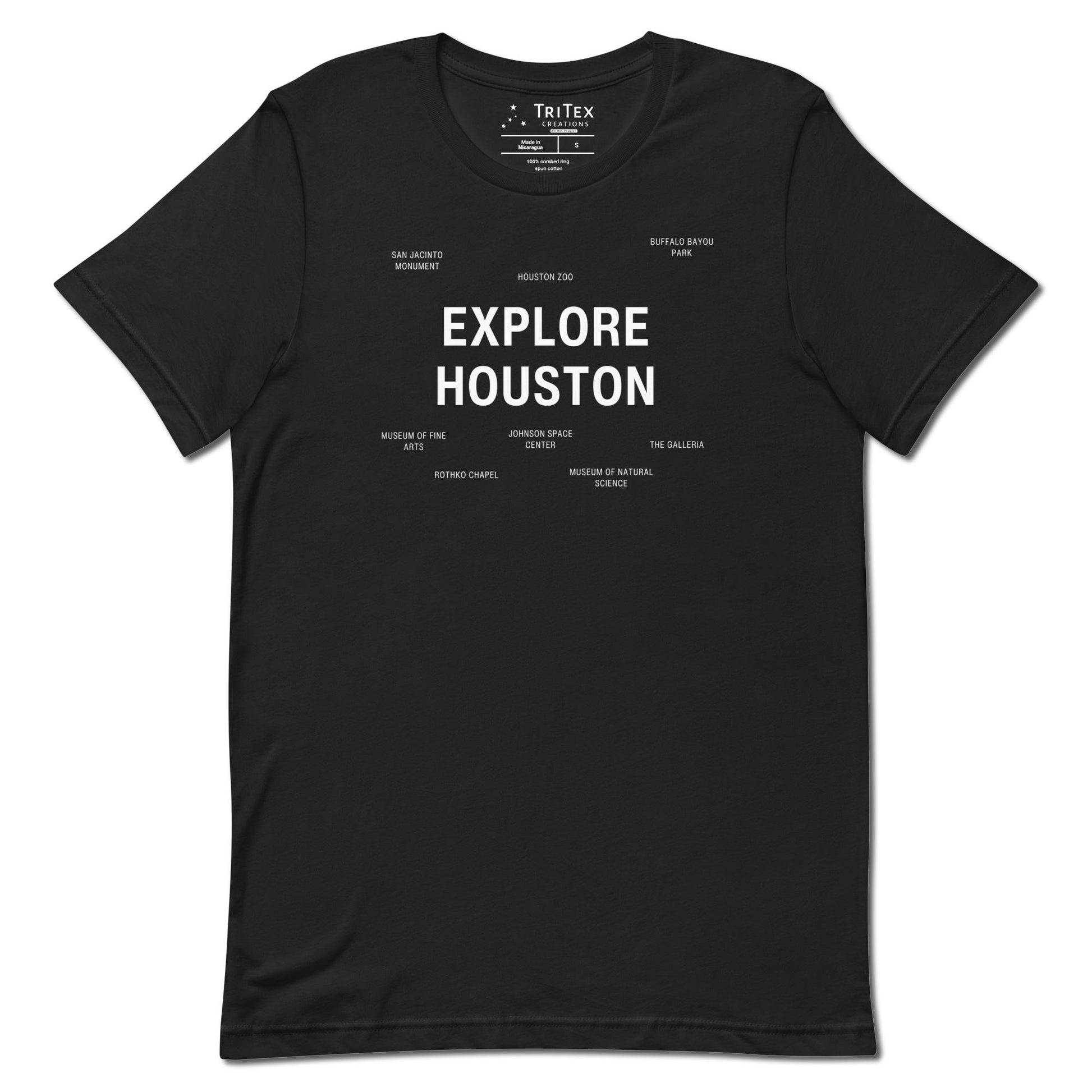 A vintage black t-shirt which reads "Explore Houston" in big, bold text with smaller text elements naming Houston's landmarks.