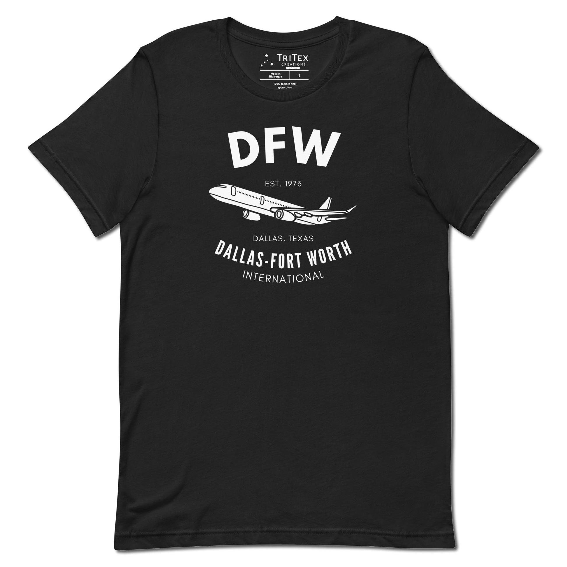 A vintage black t-shirt featuring a silhouette of a passenger plane with the text "DFW. Est. 1973. Dallas, Texas. Dallas-Fort Worth International".