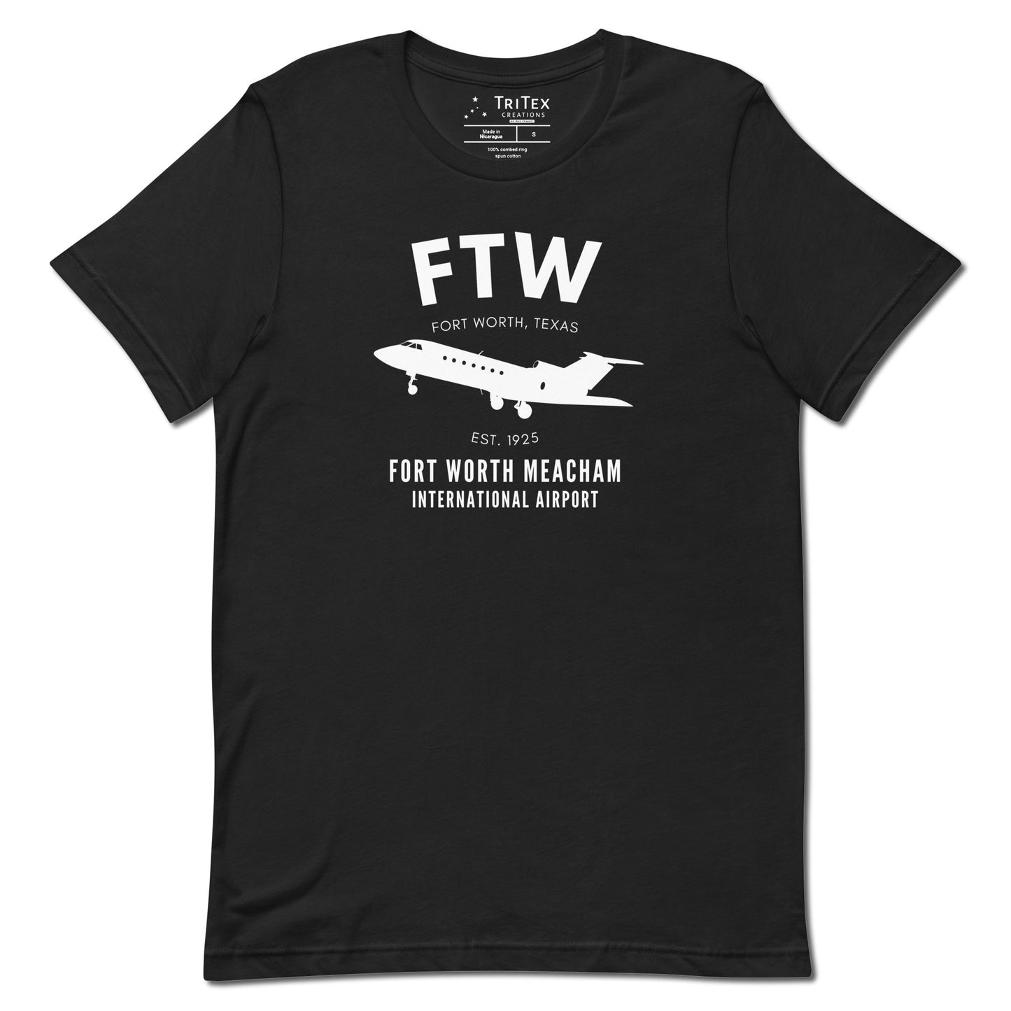 A vintage black t-shirt featuring a small passenger jet with the words "FTW Fort Worth, Texas Est. 1925. Fort Worth Meacham International Airport".