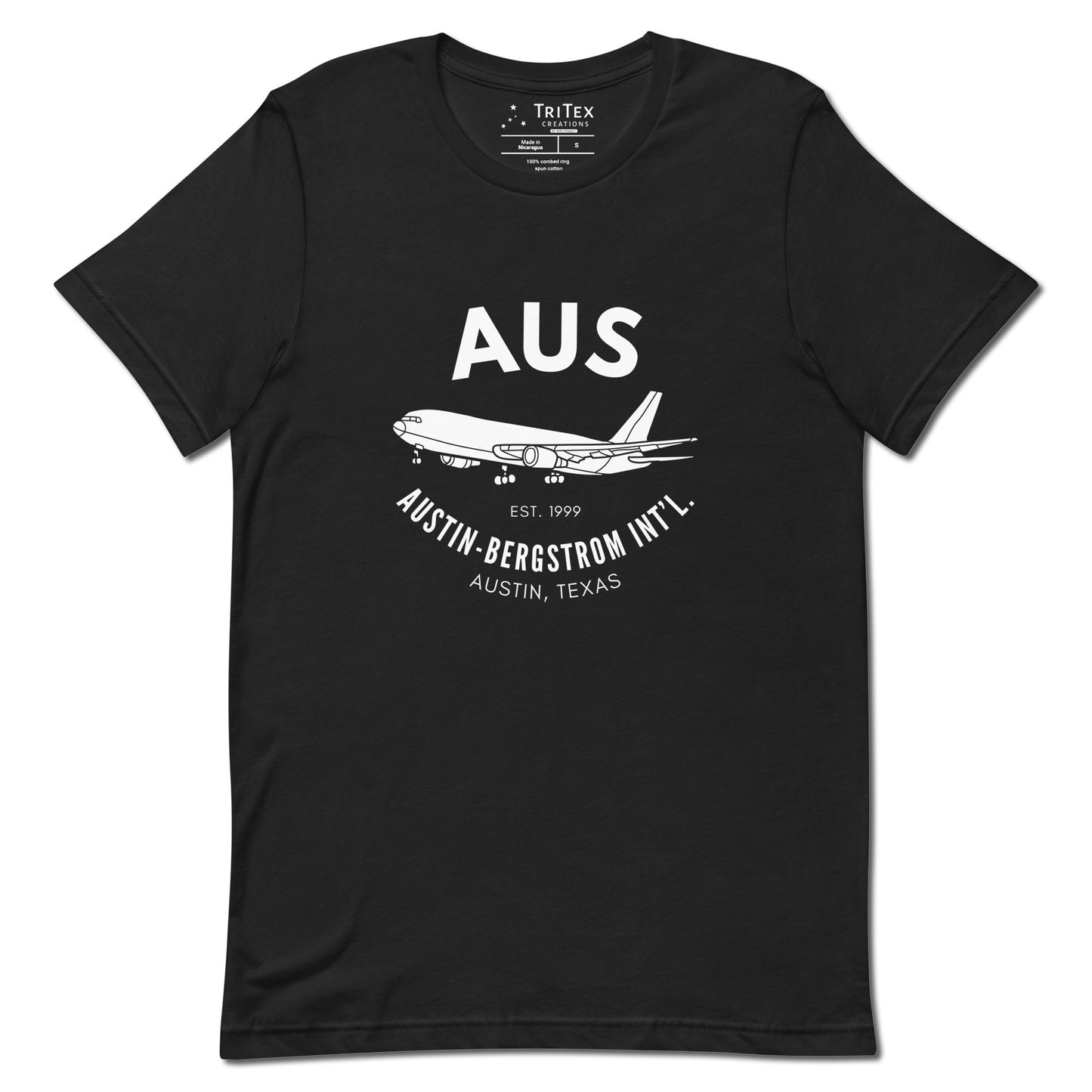 A vintage black shirt featuring an image of an airplane with the words "AUS Est. 1999 Austin-Bergstrom Int'l. Austin, Texas".