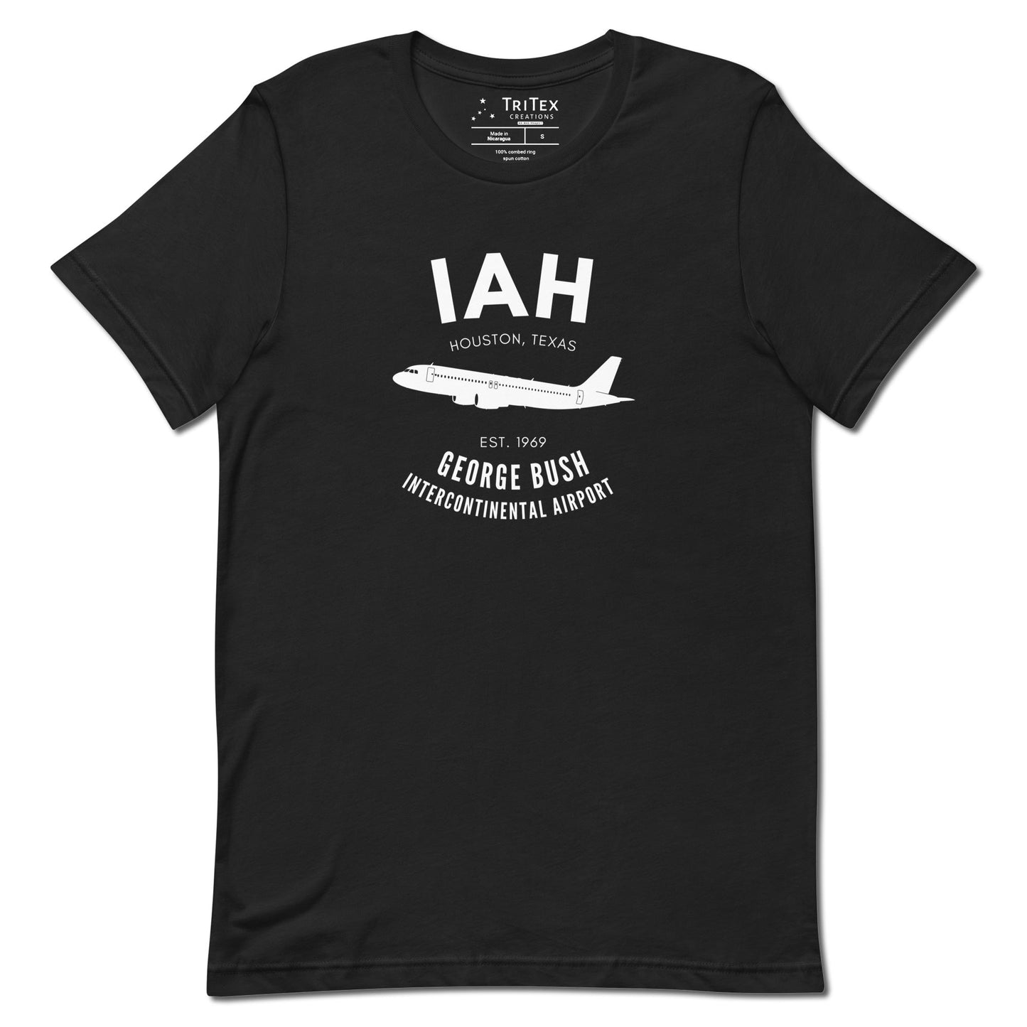 A vintage black t-shirt with a silhouette of a passenger plane with the text "IAH Houston, Texas EST. 1969 George Bush Intercontinental Airport".