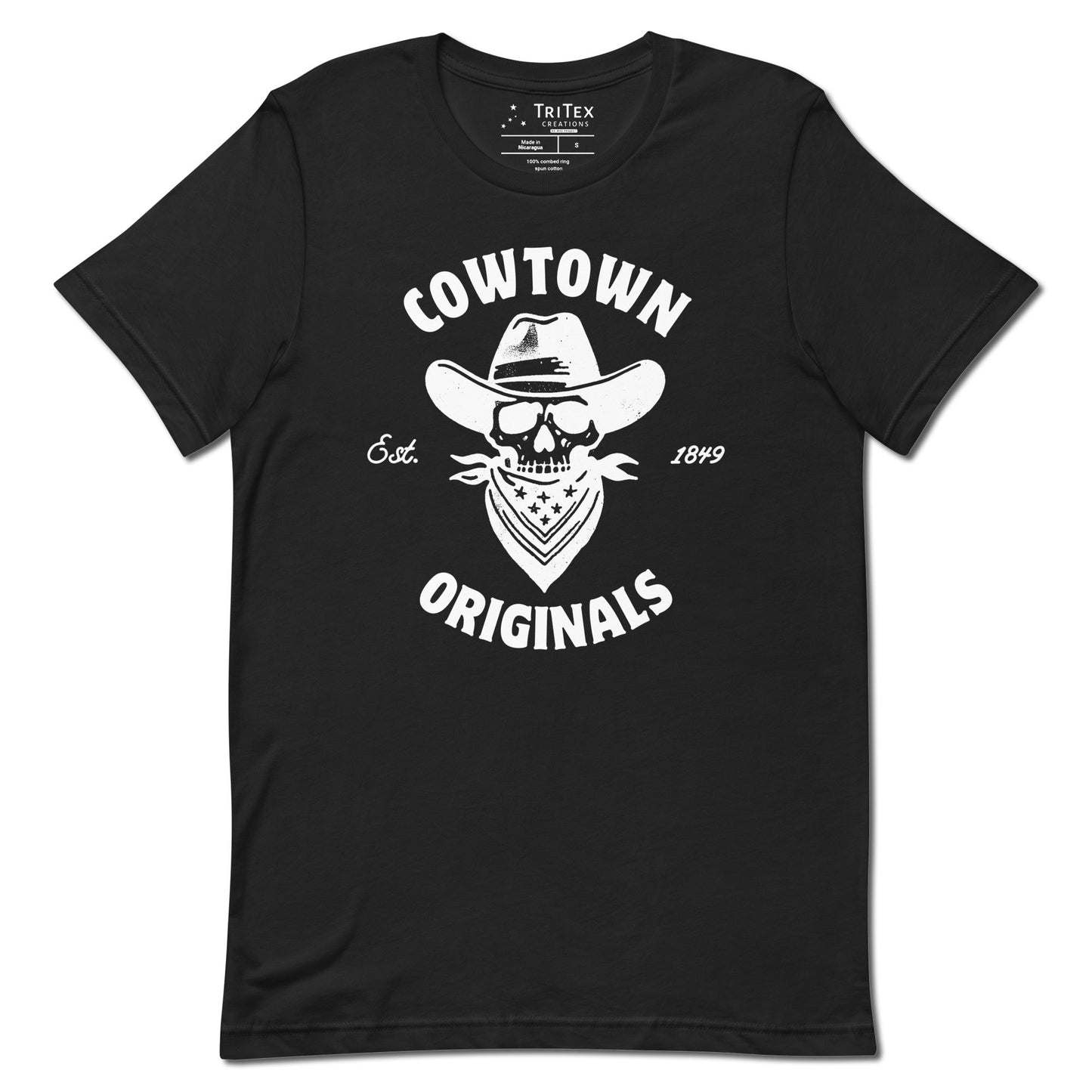 A vintage black t-shirt with an image of a  skull in a cowboy hat and kerchief which reads "Cowtown Originals Est. 1849".