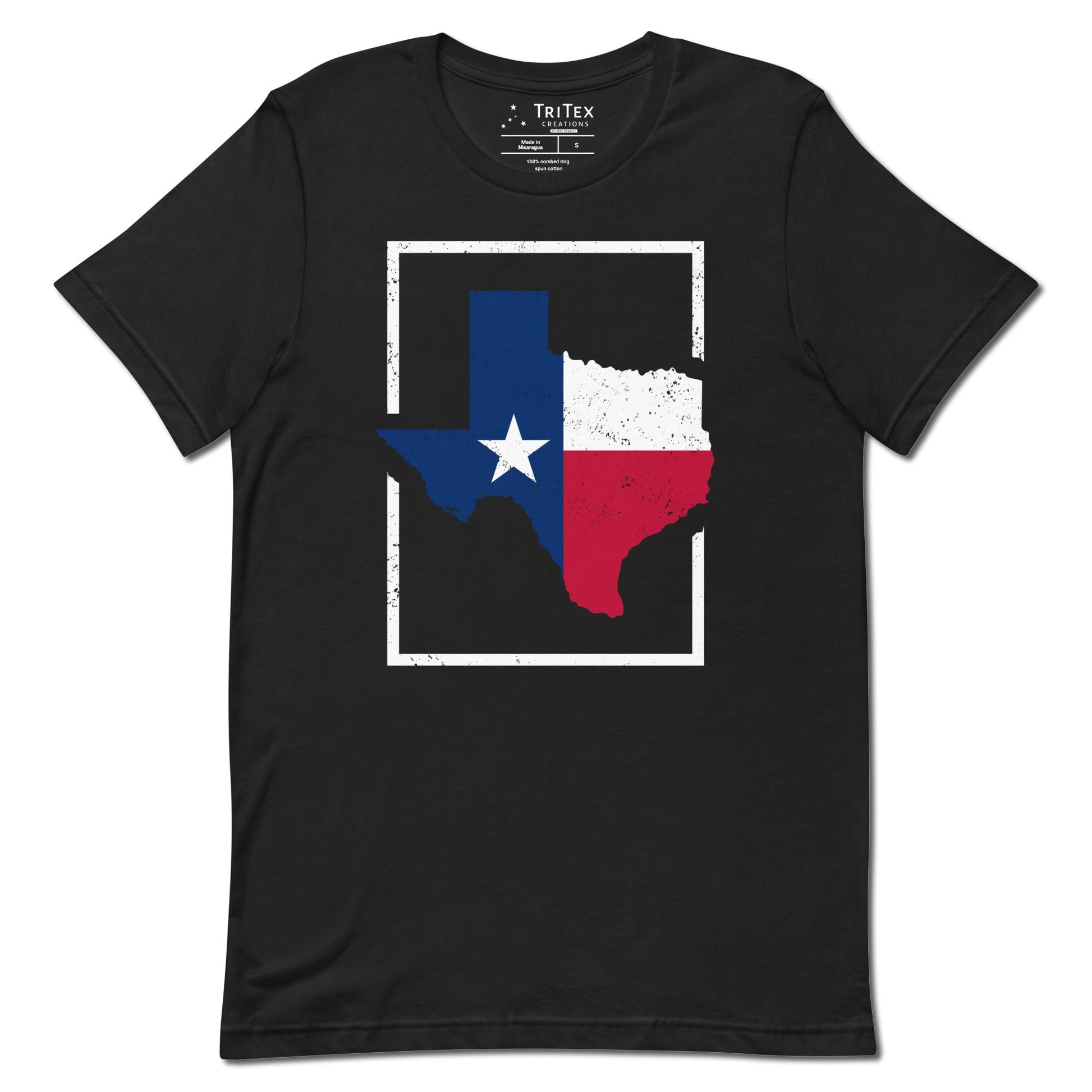 A black t-shirt featuring the map of Texas cut out in the shape of a map of Texas.